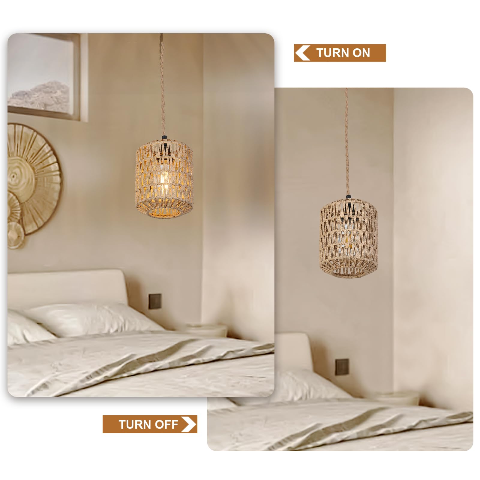 Alaislyc Rattan Plug-In Pendant Light With 3 Lights & On/Off Switch - Boho Wicker Chandelier