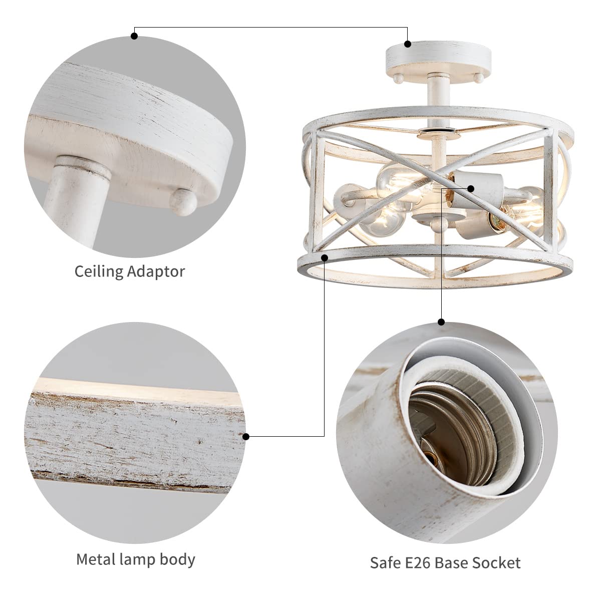 WUZUPS 3-Light Vintage Farmhouse Chandelier, Antique White, H 9.4" x W 12", E26 Base, Industrial Semi-Flush Mount Fixture