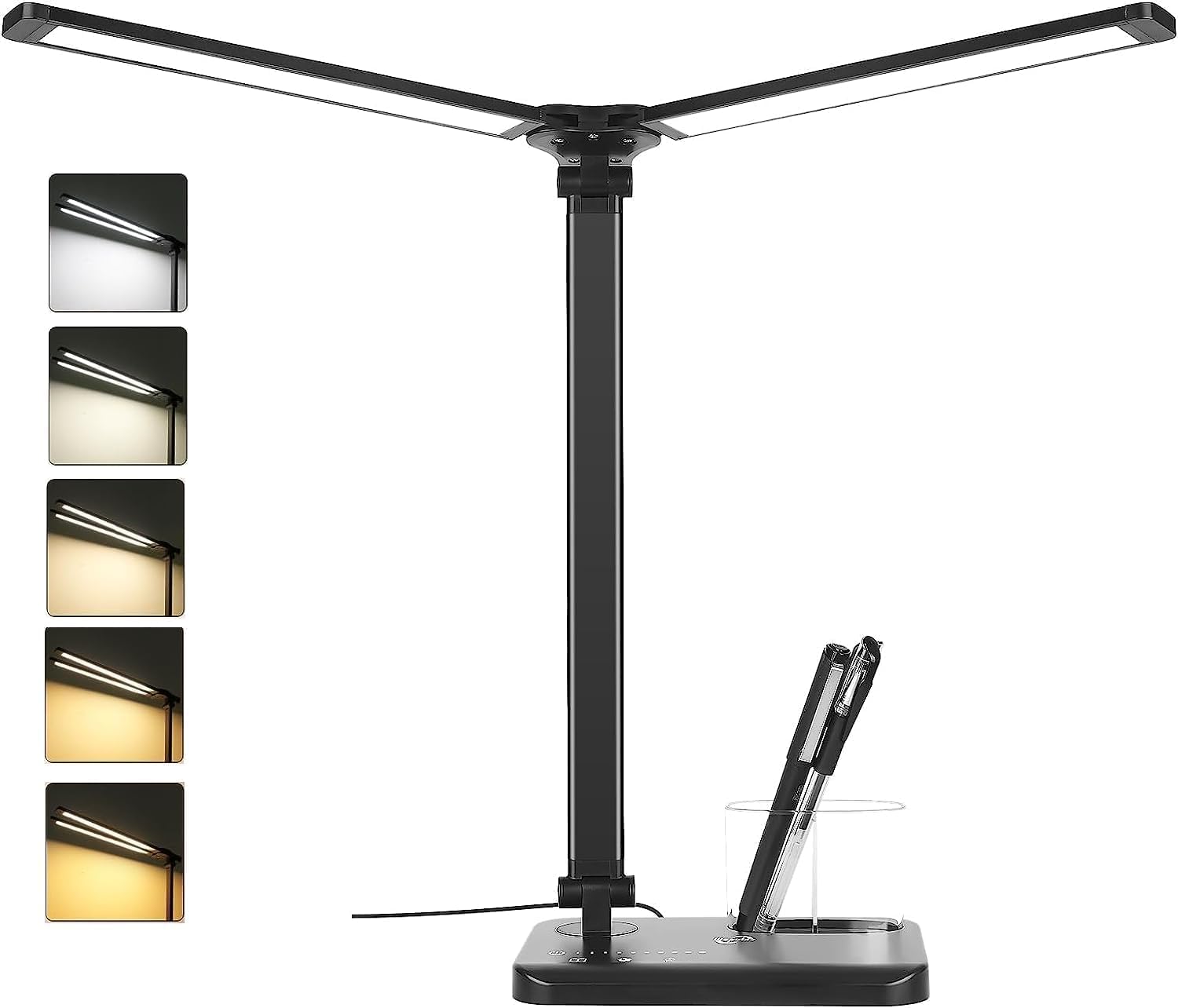 Woputne Dual Head Led Desk Lamp - 5 Colors, 10 Brightness Levels, Black - Ideal For Home Office