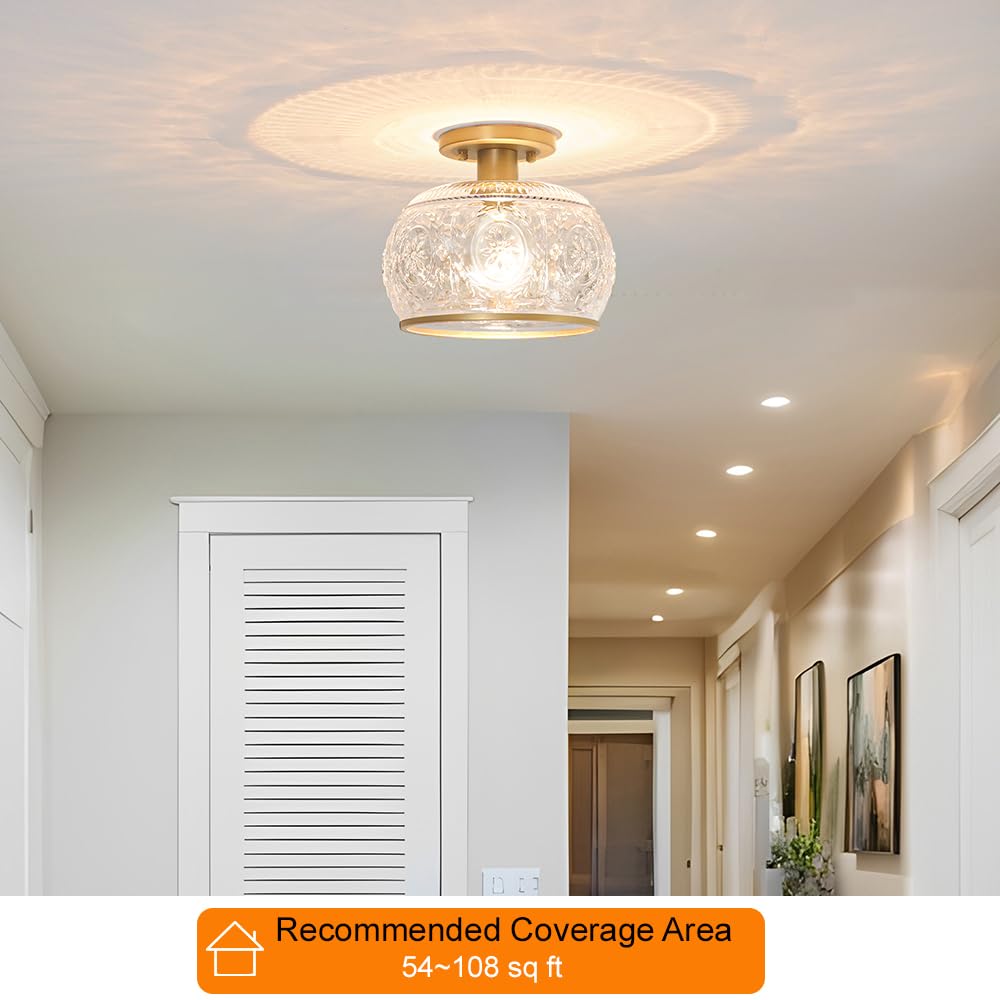 Oiyio Gold Semi-Flush Mount Ceiling Light With Globe Glass - Vintage Ceiling Lighting For Hallway, Kitchen, Entryway, Bathroom &