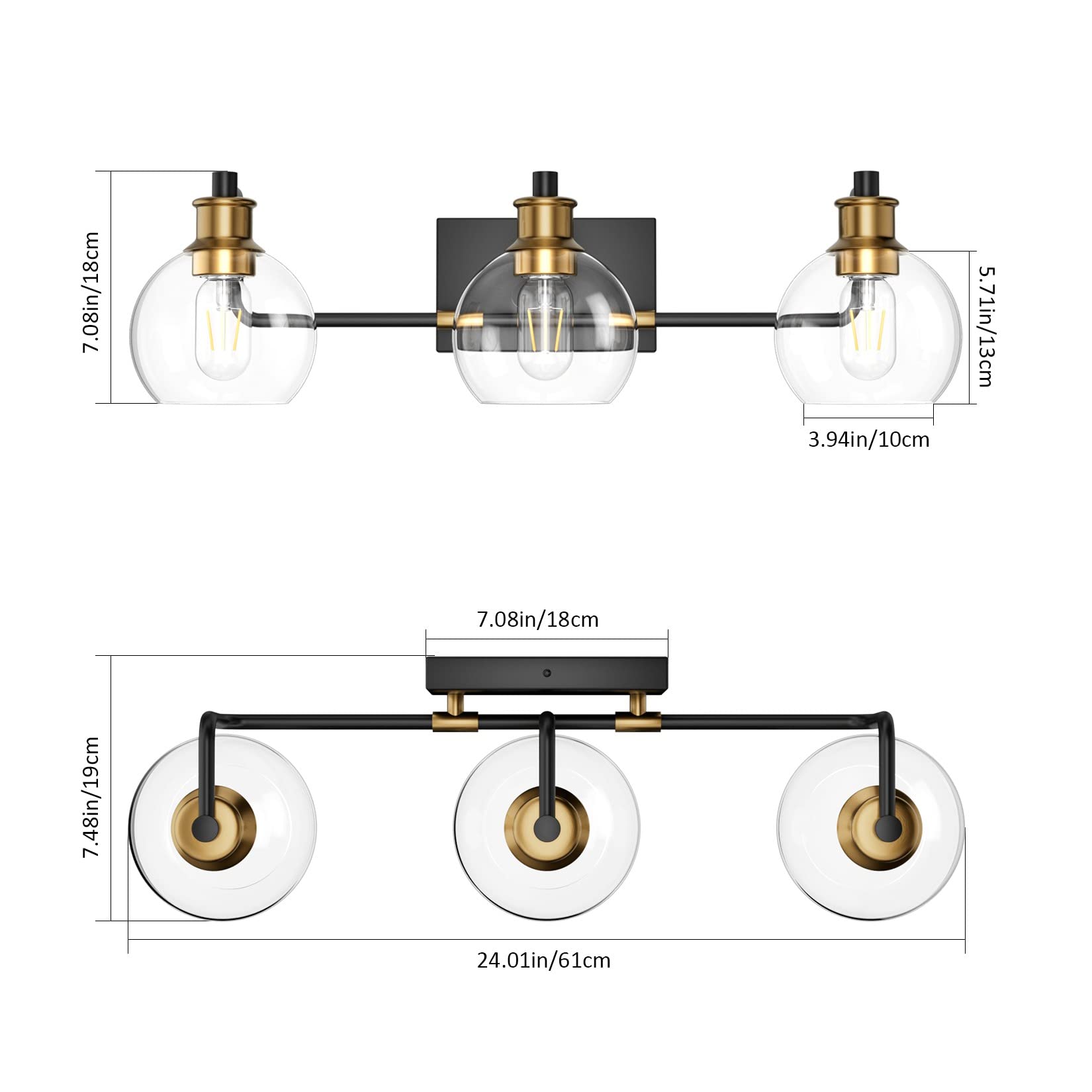 Tipace Vintage Bathroom Vanity Light Fixture, 3-Light Black & Gold Glass Globe, Model L-7493-1, Industrial Farmhouse Style