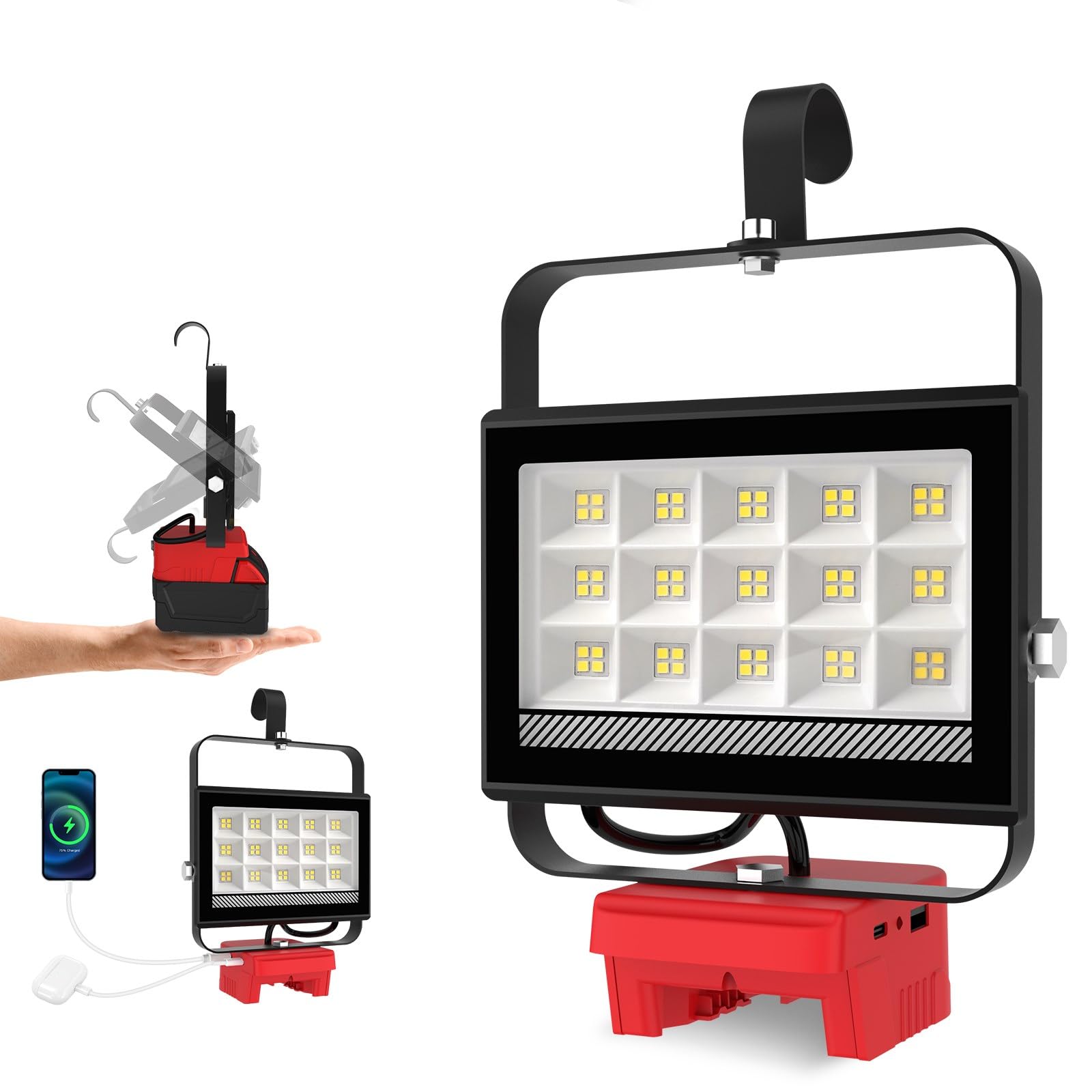T-SUNiceM Cordless LED Work Light, 60W 6000LM, USB & Type-C, 140° Pivoting Head, Red, Model TS-F0430-60-M