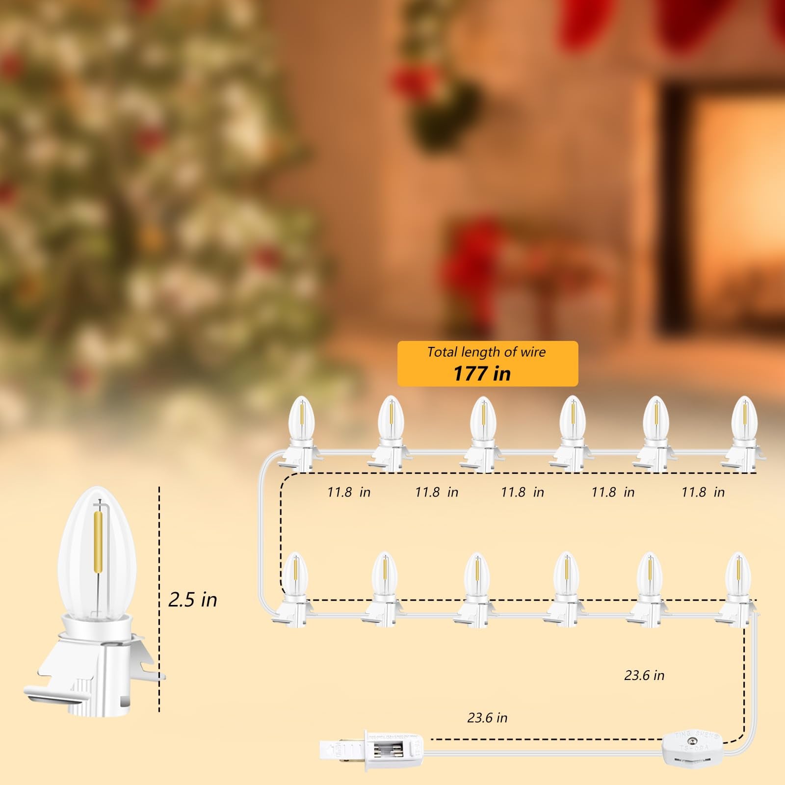 UAUSE Christmas Village LED Light Bulb C7 Cord Clip Lights, 177in White Plastic, Model UAU-12T, 12 Bulbs for Holiday Decoration