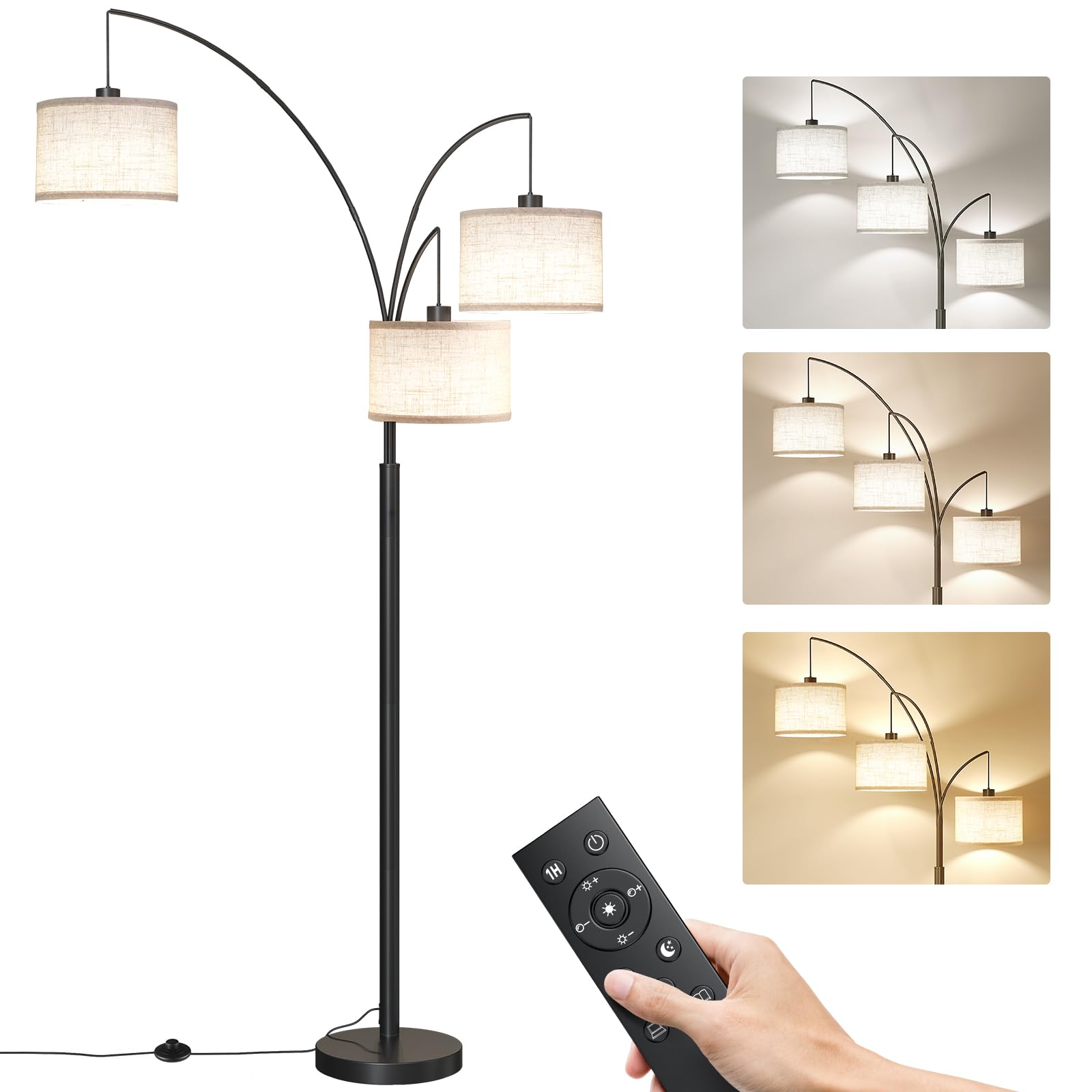 SUNMORY 3 Lights Floor Lamp with Remote Control and 3 Stepless Dimmable Bulbs, 78'' Tall Standing Lamp with Hanging Drum Shade &