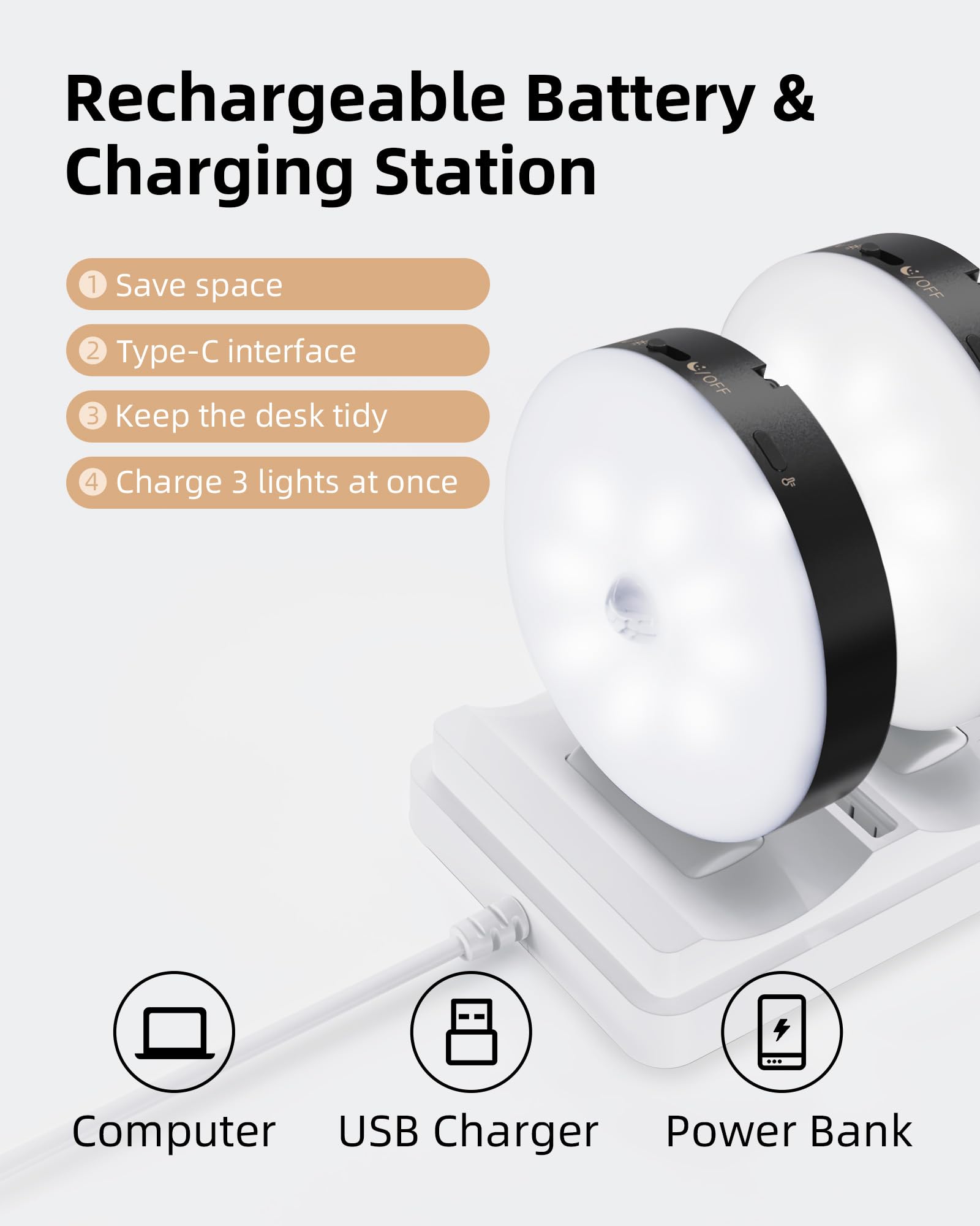 EZVALO Under Cabinet Lighting, 1000mAh Rechargeable Puck Lights, Dimmable Motion Sensor, 6 Packs, Black, Model EZL2424A