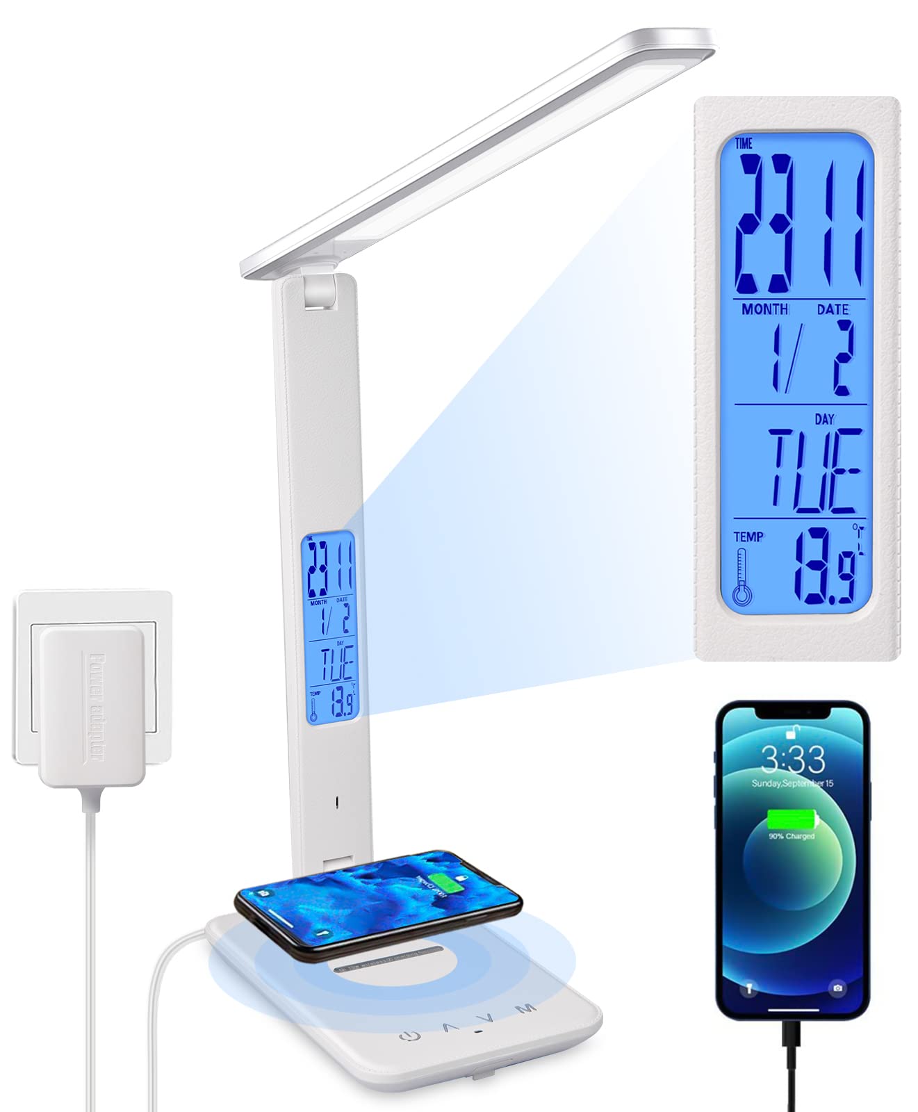 Led Desk Lamp, Desk Lamp With Wireless Charger, Suitable For Home, Office Dimmable Desk Lamp, With Usb Charging Port, Built-In Clock, Calendar, Thermometer And Automatic Timing Reading Desk Lamp.