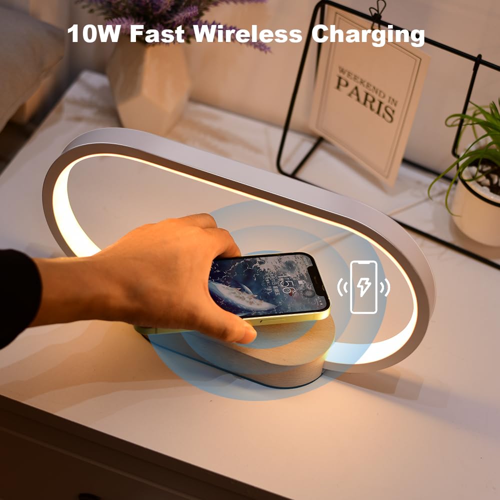 Donewin Wireless Charging Bedside Lamp With Usb Charging Port enhanced Wooden Nightstand Light For Bedroom Nursery Lamp Touch-Control Desk Lamp Ideal Gift Choice Stepless Dimming& 3 Color Temps