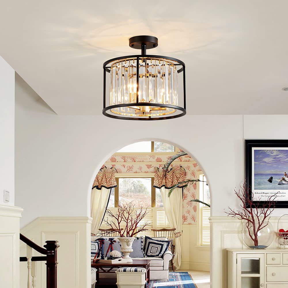 AGV LIGHTING Crystal Semi Flush Mount Ceiling Light, 3-Lights, D32", Alloy Steel, Black Gold, Model AGV-CL005BB