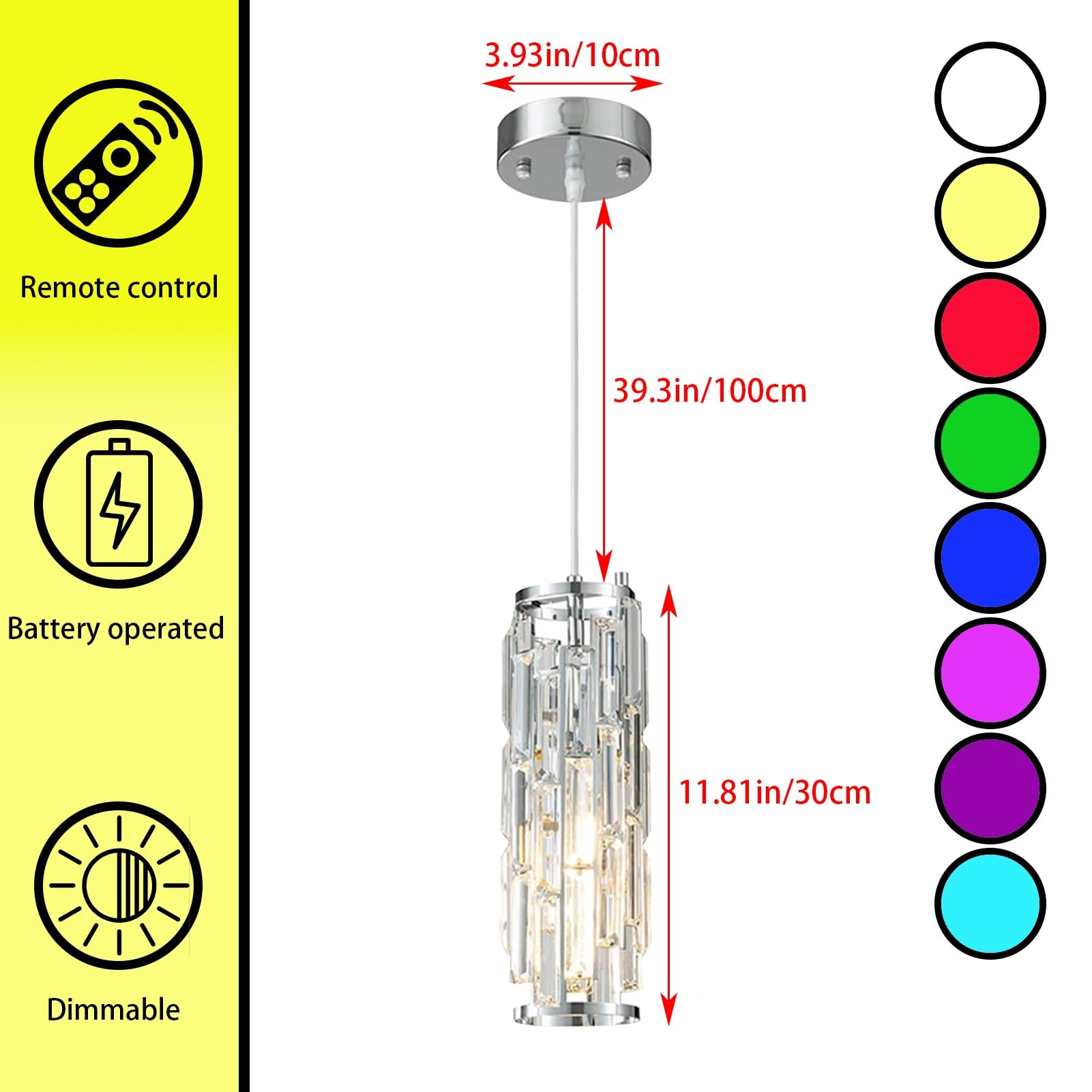Jengush Modern Battery Operated Pendant Light with Remote Control, Chrome, 6 RGB Colors, Model 9132848010628