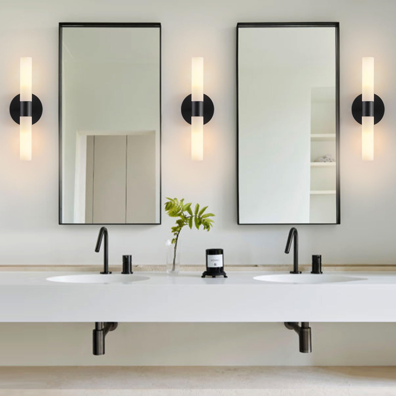 KUZZULL Wall Sconces Set of 2 Matte Black Metal Light Fixtures with White Glass Shade, 14in Modern Design for Bathroom and Living Room