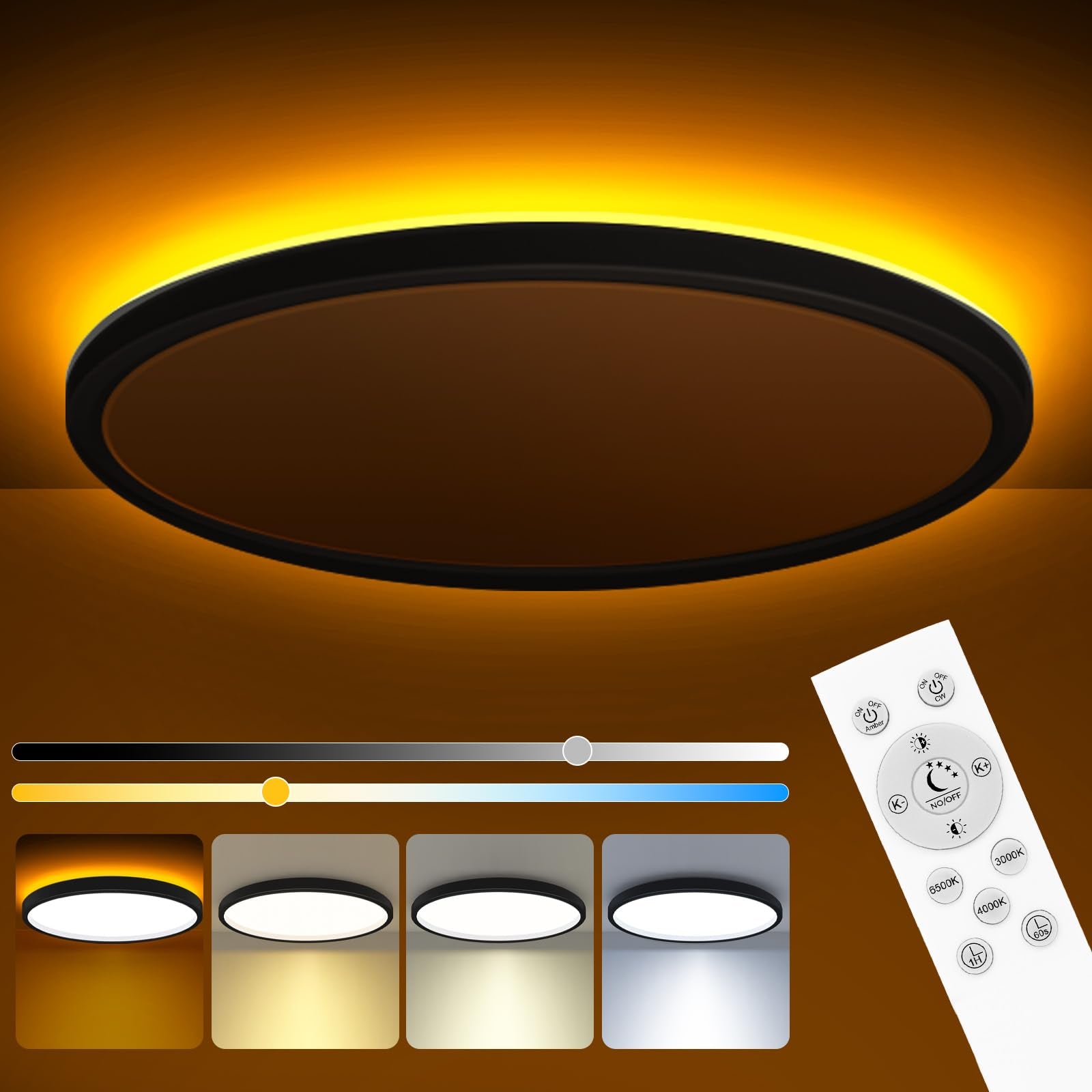 zemty 12 Inch LED Ceiling Light, Dimmable 1800K-6500K, Remote Control, 24W, Black, Model CLS30T