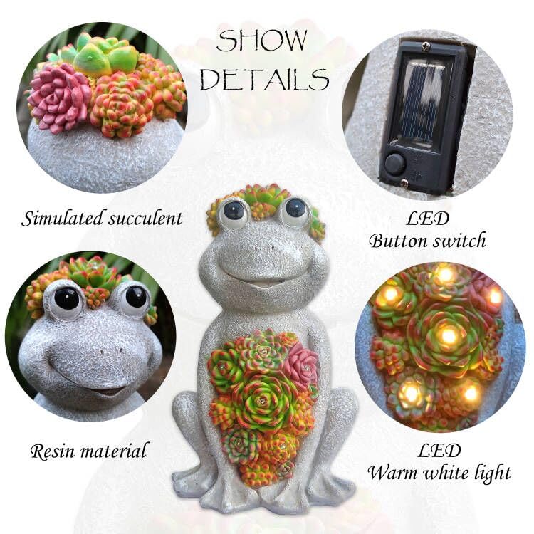 Vioyouns Large Frog Solar Garden Outdoor Statues With Succulent And 8 Led Lights,Outside Solar Frog Art Decor For Lawn,Yard, Bal