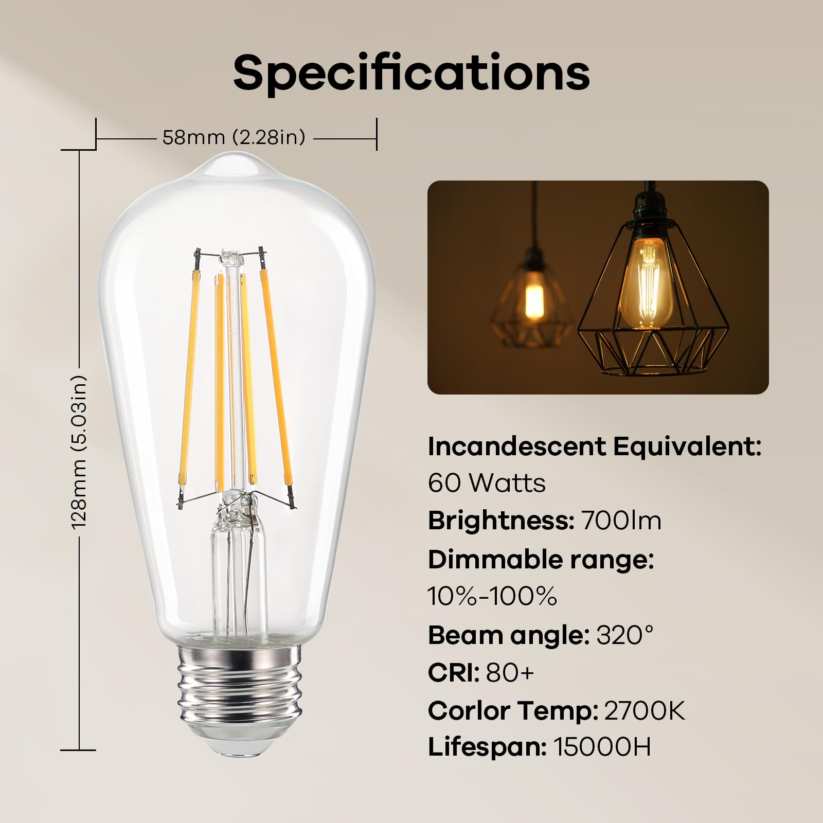 Linkind Edison Light Bulbs 60W Equivalent, E26 Dimmable Vintage Edison Led Light Bulbs St58 Antique Decorative Filament Led Bulb