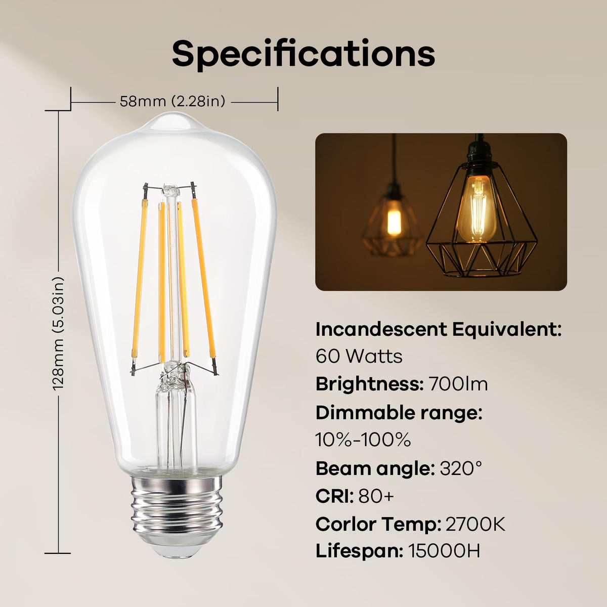 Linkind Edison LED Light Bulbs ST58, 6W 700LM, Dimmable Vintage, Soft ...