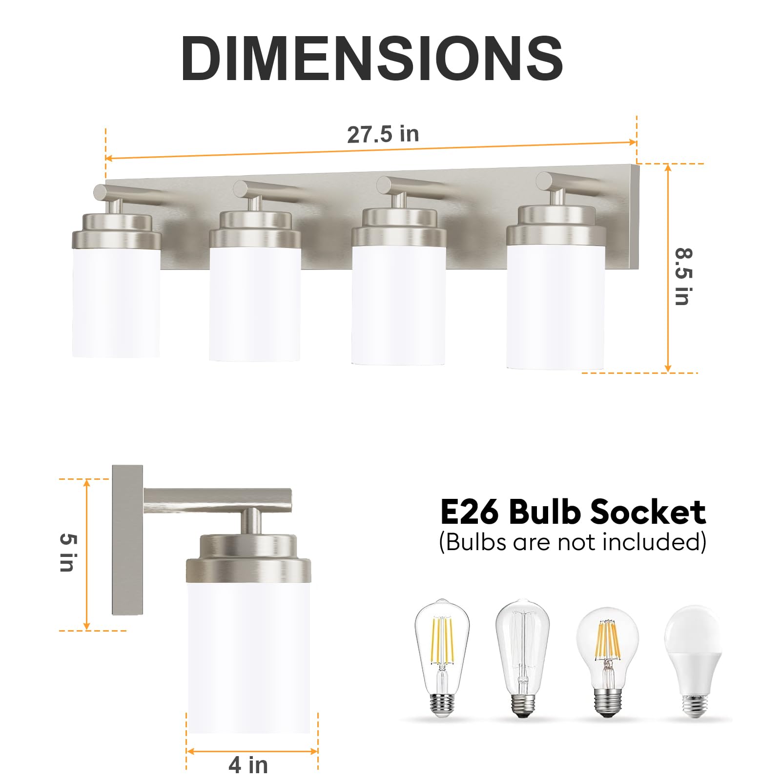 Izorro Bathroom Vanity Light Fixture  4-Light 27.5 Inch Brushed Nickel Bathroom Light Fixtures Over Mirror  With White Glass Shade  Modern Farmhouse Vanity Lights  Rustic Restroom Lighting Fixtures