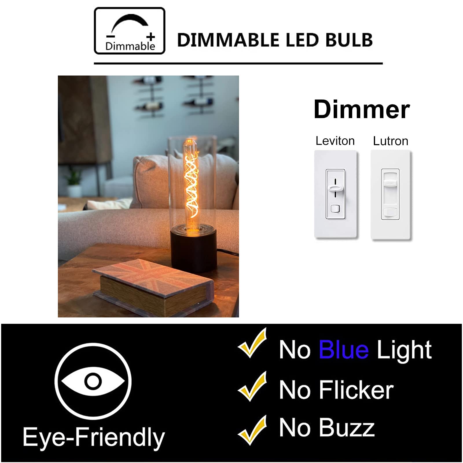 Dimmable 4W Tube Led Eison Bulb, T10 Vintage Long Led Bulb 40 Watt Equivalent Warm White 2700K, E26 Medium Base Amber Colored 7.