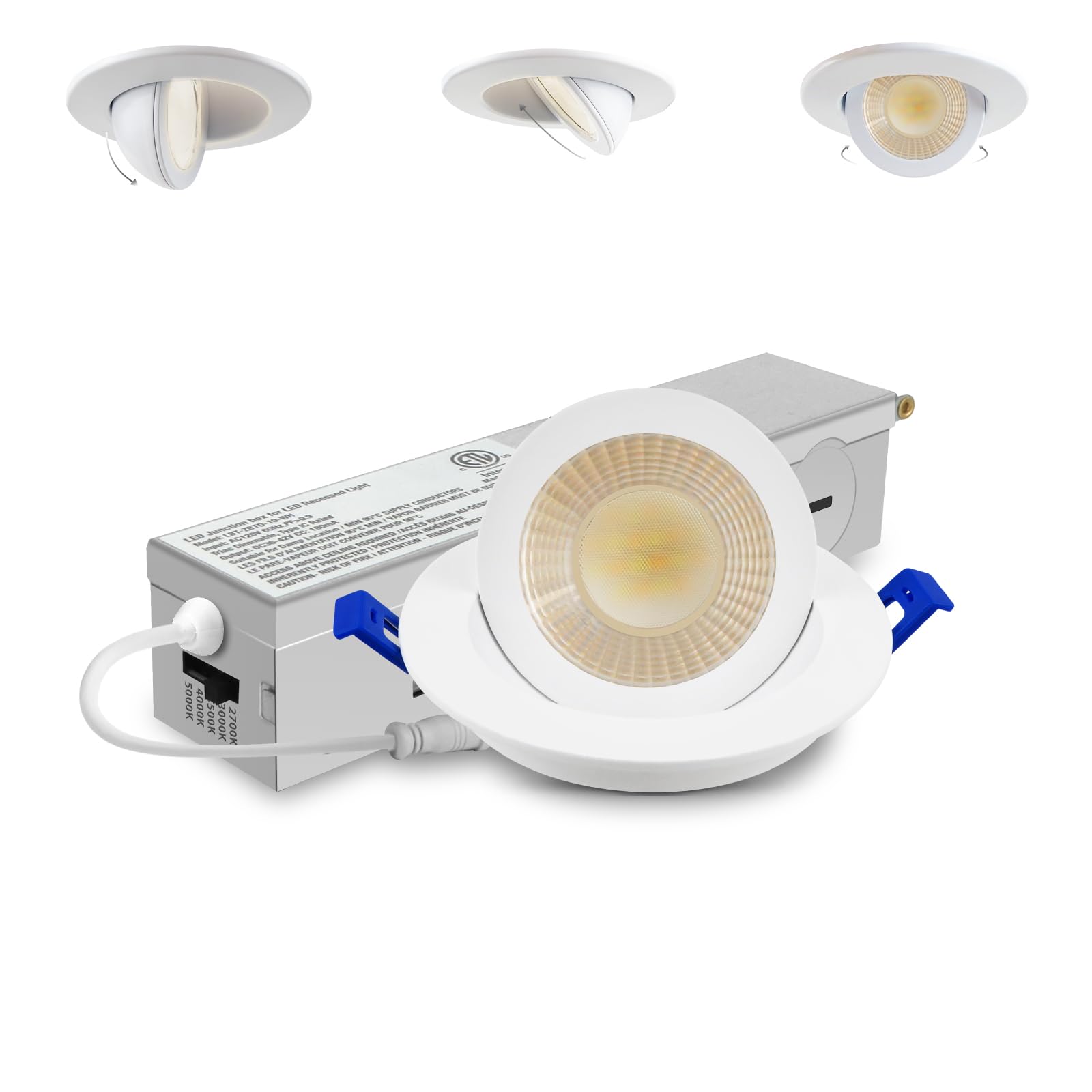 Adetu 2 Inch 5CCT Gimbal Led Recessed Lighting with Junction Box  360?90?Adjustable Recessed Can Lights  2700K/3000K/3500K/4000K/5000K Selectable  5W Eqv 50W  550LM Brightness - ETL (White  1 Pack)