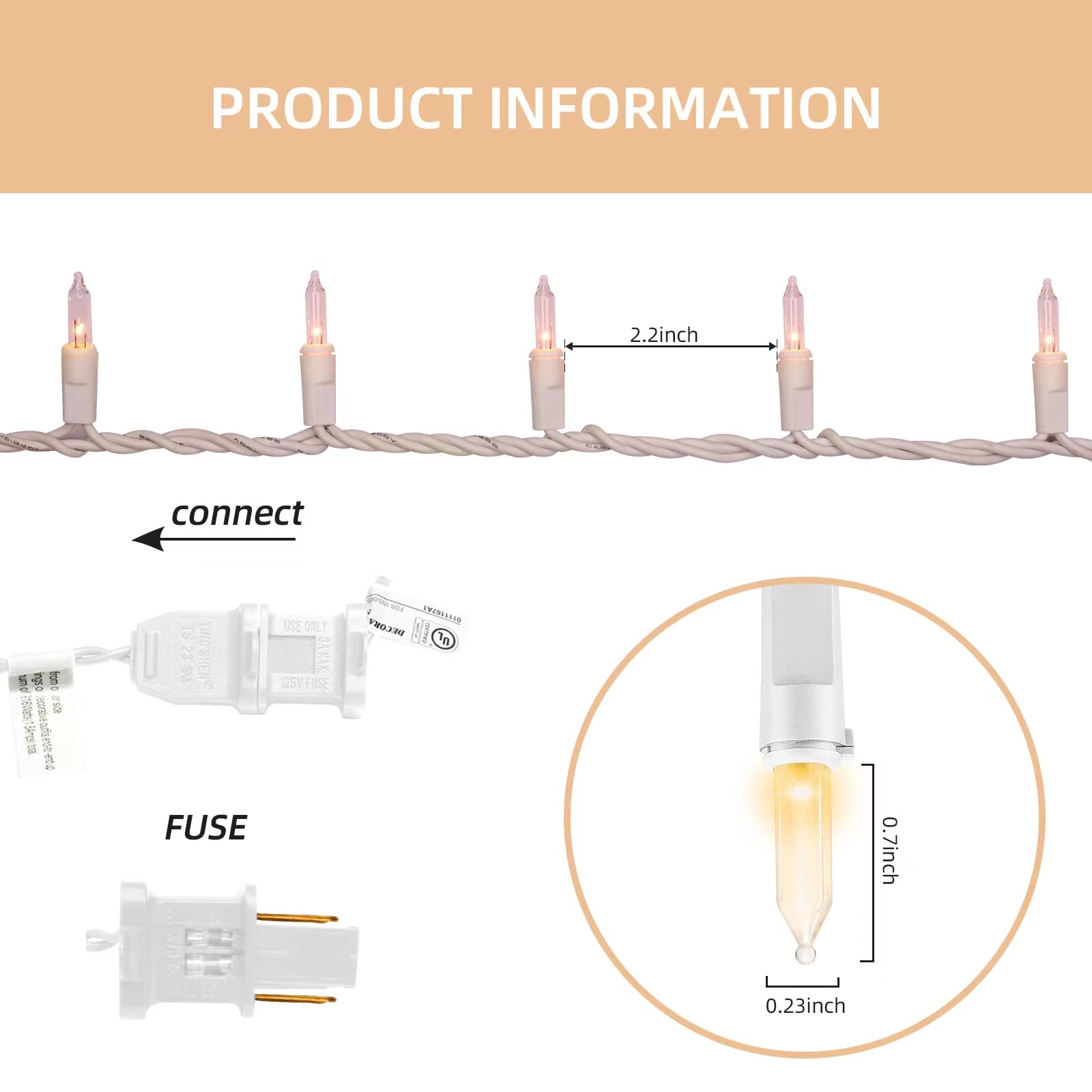 Xmashome 63.8Ft White Wire Clear String Lights, 300 Count (150L*2Pcs) Incandescent Christmas Lights