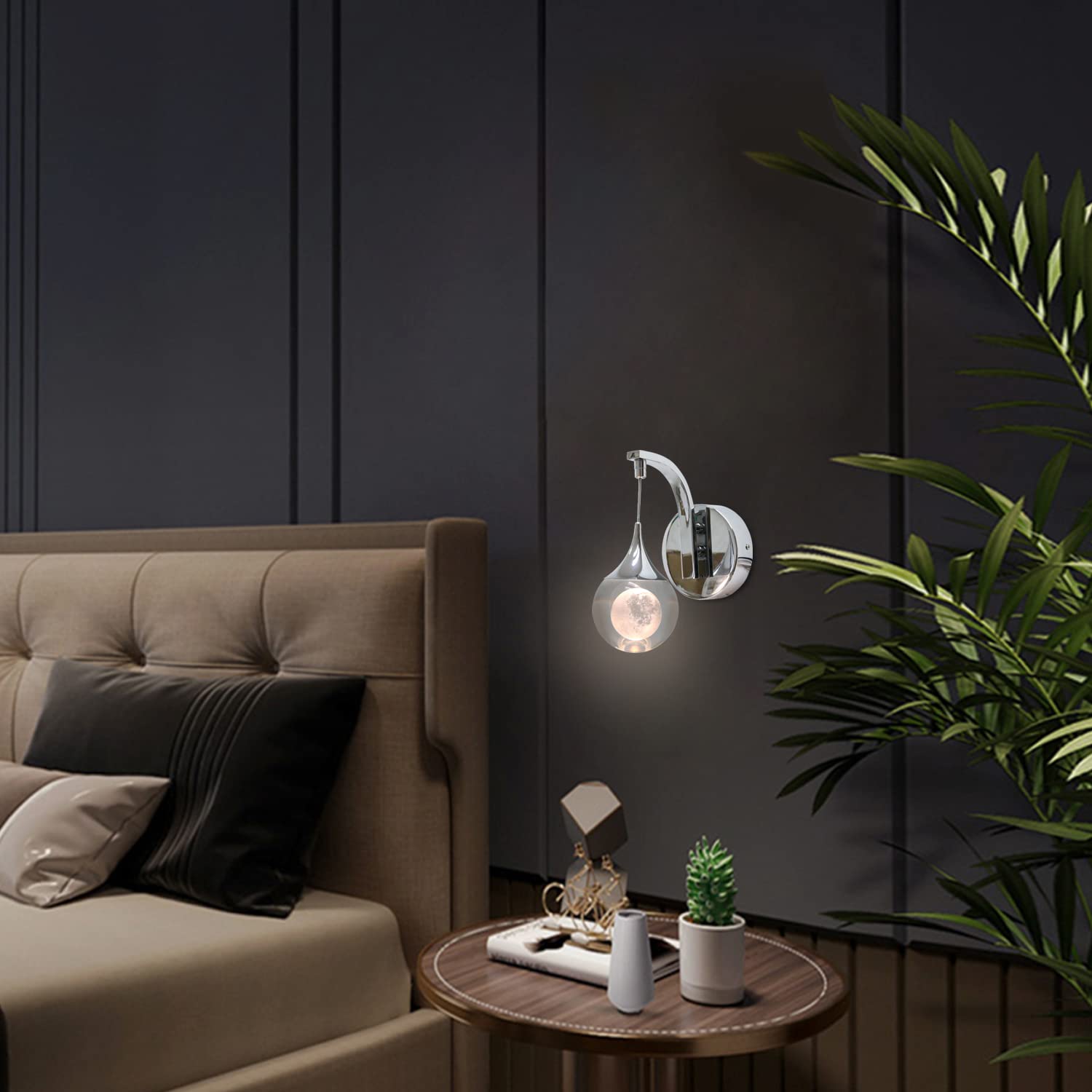Sedelan Led Crystal Wall Sconce - Moon Modern Dimmable Light For Bedroom, Living Room, Chrome