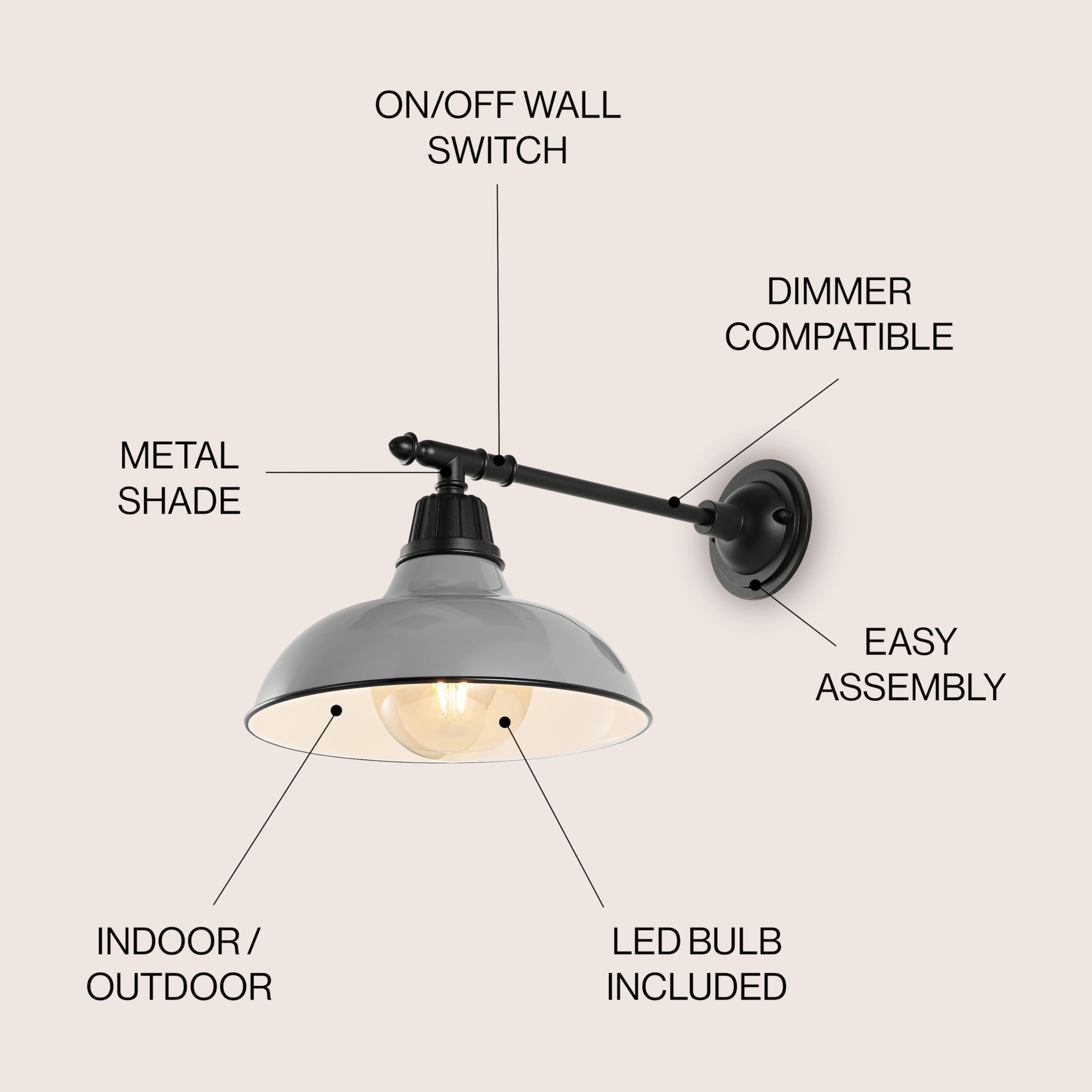 JONATHAN Y 1-Light Farmhouse Sconce Metal Bowl Shade 12.25in Gray/Black Model JYL7615D Indoor/Outdoor Lighting
