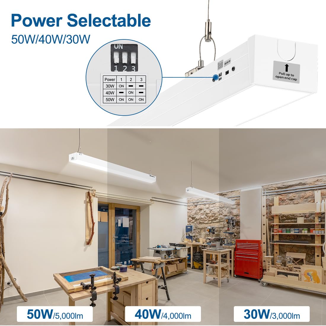 Dakason 4Ft Linkable Led Linear Light  50W/40W/30W  3/4/5000K Cct Selectable  Commercial Linear Lighting Fixture For Office  Workshop  Dimmable Suspended/Flush Mount Ceiling Light  White 4 Pack