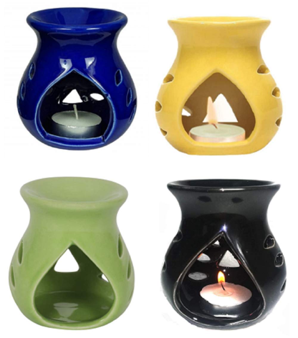 Mkd2 Rise Ceramic Clay Candle Operated Oil Burner Aroma Diffuser Lamp - Set of 4 (Blue Yellow Green & Black) Multicolor for Home