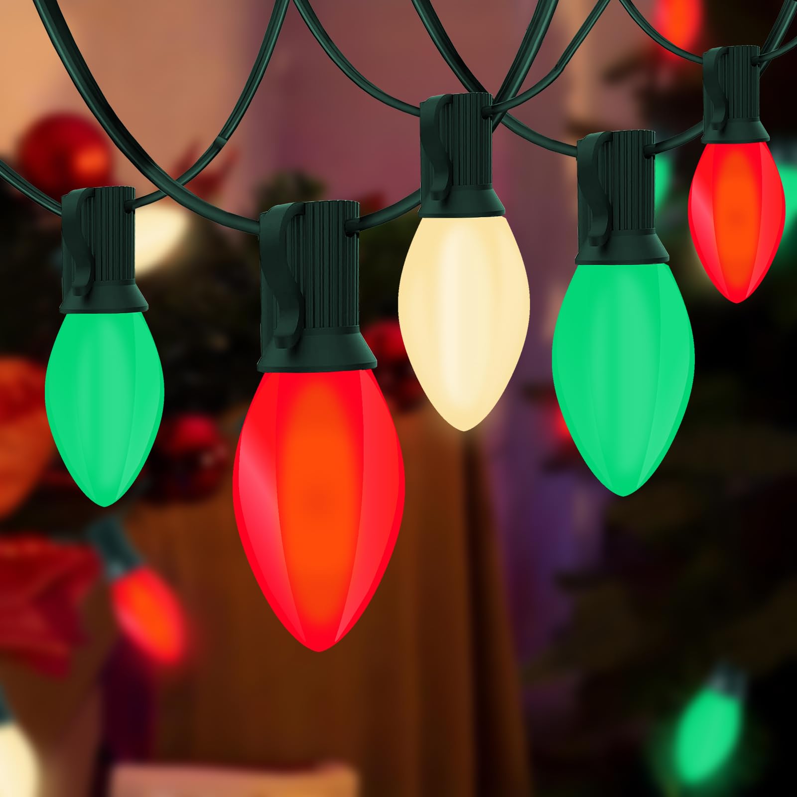 C7 LED Red White and Green Christmas Lights, 25Ft Outdoor Christmas String Lights with 27 LED Multicolor Plastic Bulbs, Vintage 