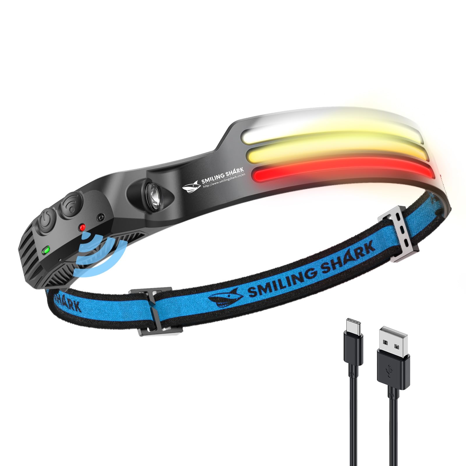 Smiling Shark Led Headlamp, 230Wide Angle 3*Multi-Color Light Strips The Brightest Head Lamp Rechargeable With Motion Sensor Wat