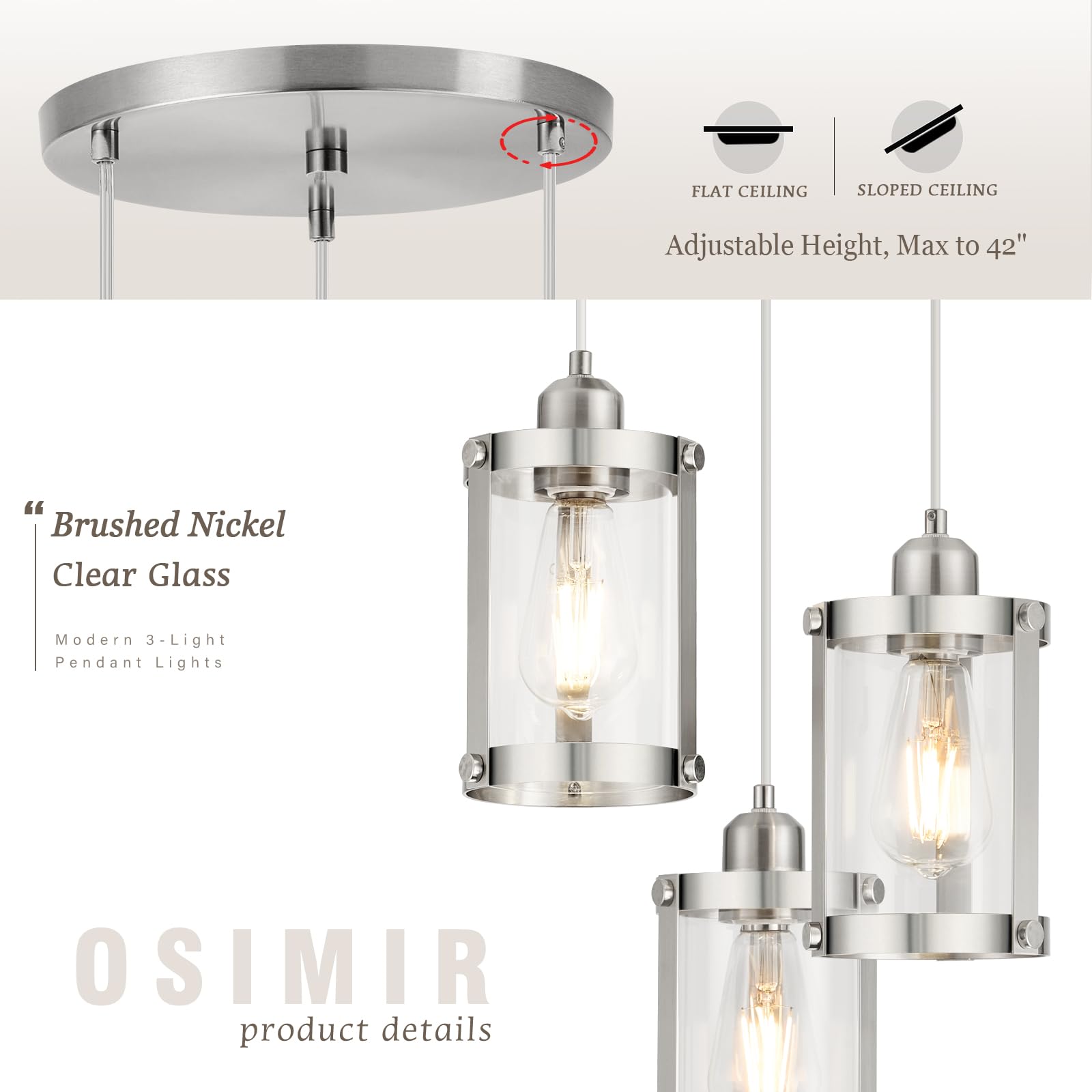 Osimir 3-Light Pendant Lighting, Brushed Nickel Dining Room Chandelier Light Fixture Over Table With Clear Glass, Modern Cluster