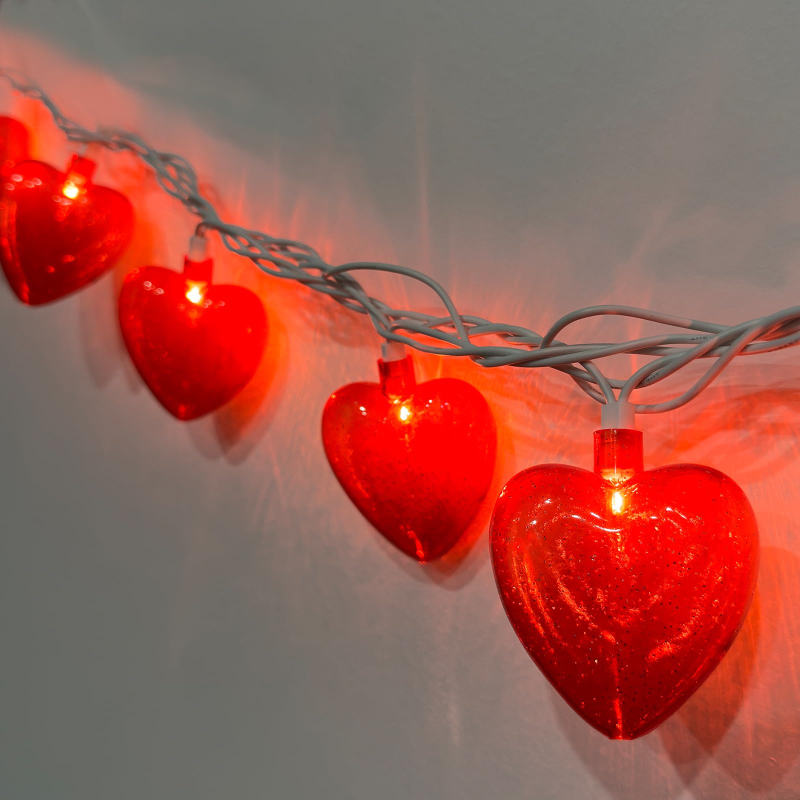 Red Heart Lights,8.5Ft Valentines Day Lights with 10 Red Shiny Glitter Heart Lights, Plug in Heart Lights String for Indoor Party Bedroom Classroom Decorations Anniversary Decor