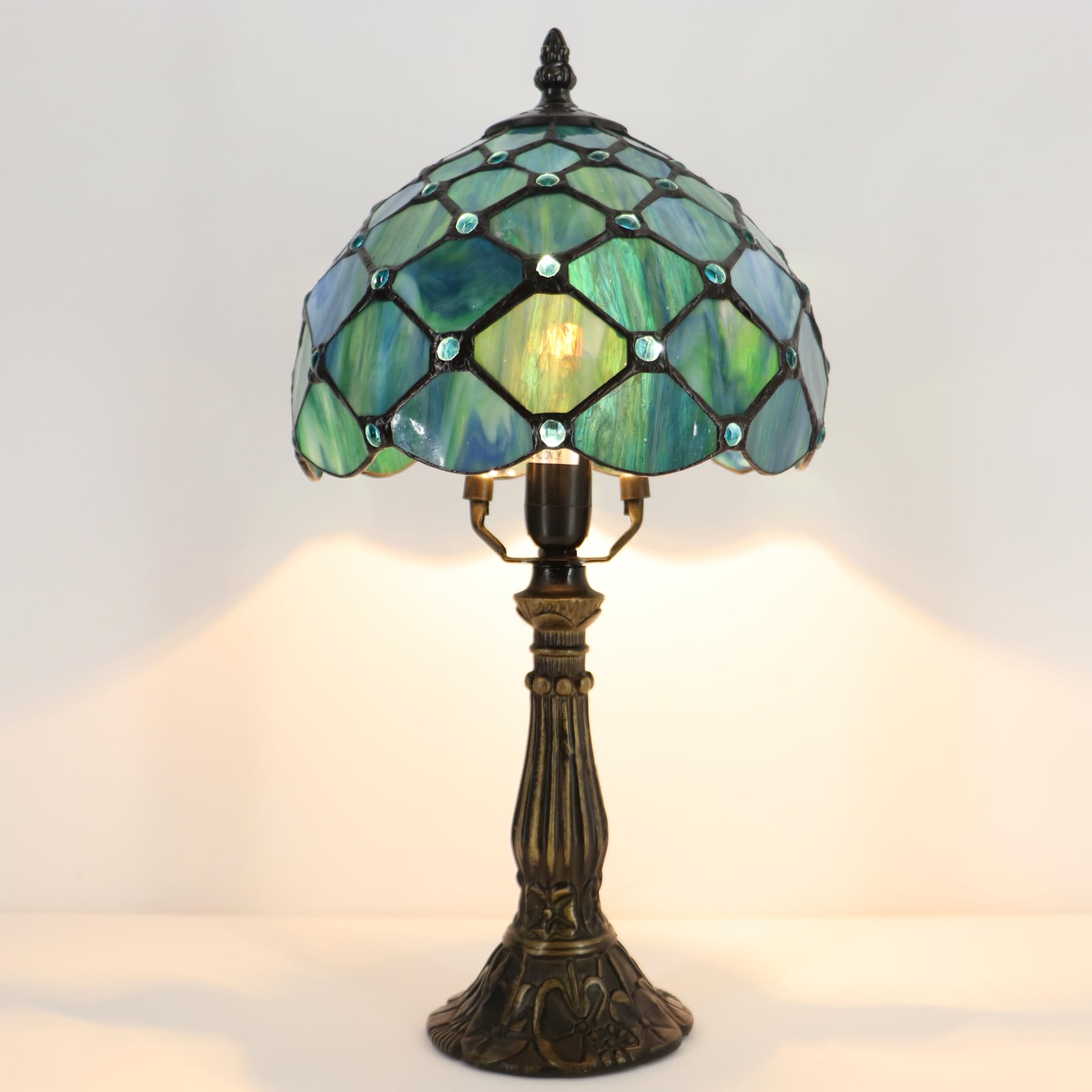 Lxhcyou Small Tiffany Lamp Mini Accent Table Lamp Stained Glass Desk Memory Lamp Sympathy 8X14.5 Inch (Sea Blue Pearl Style)