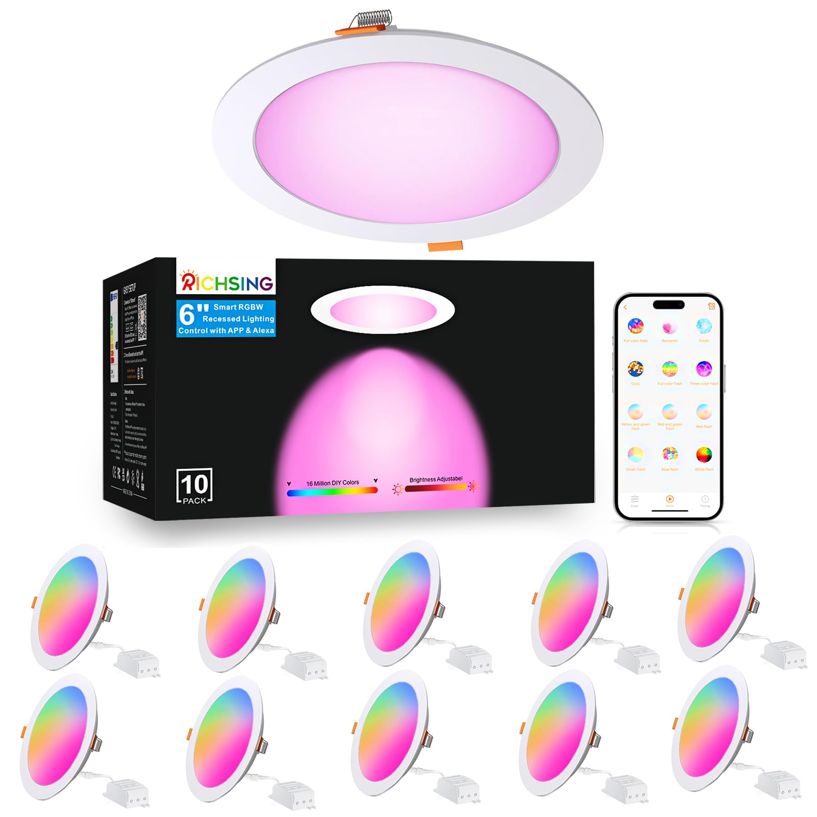 Richsing Smart Recessed Lighting 6 Inch Rgbcw Color Changing 16W Recessed Ceiling Light With Junction Box, App & Voice Control, 1350Lm Led Recessed Lights Dimmable By Bluetooth Control -10Pack