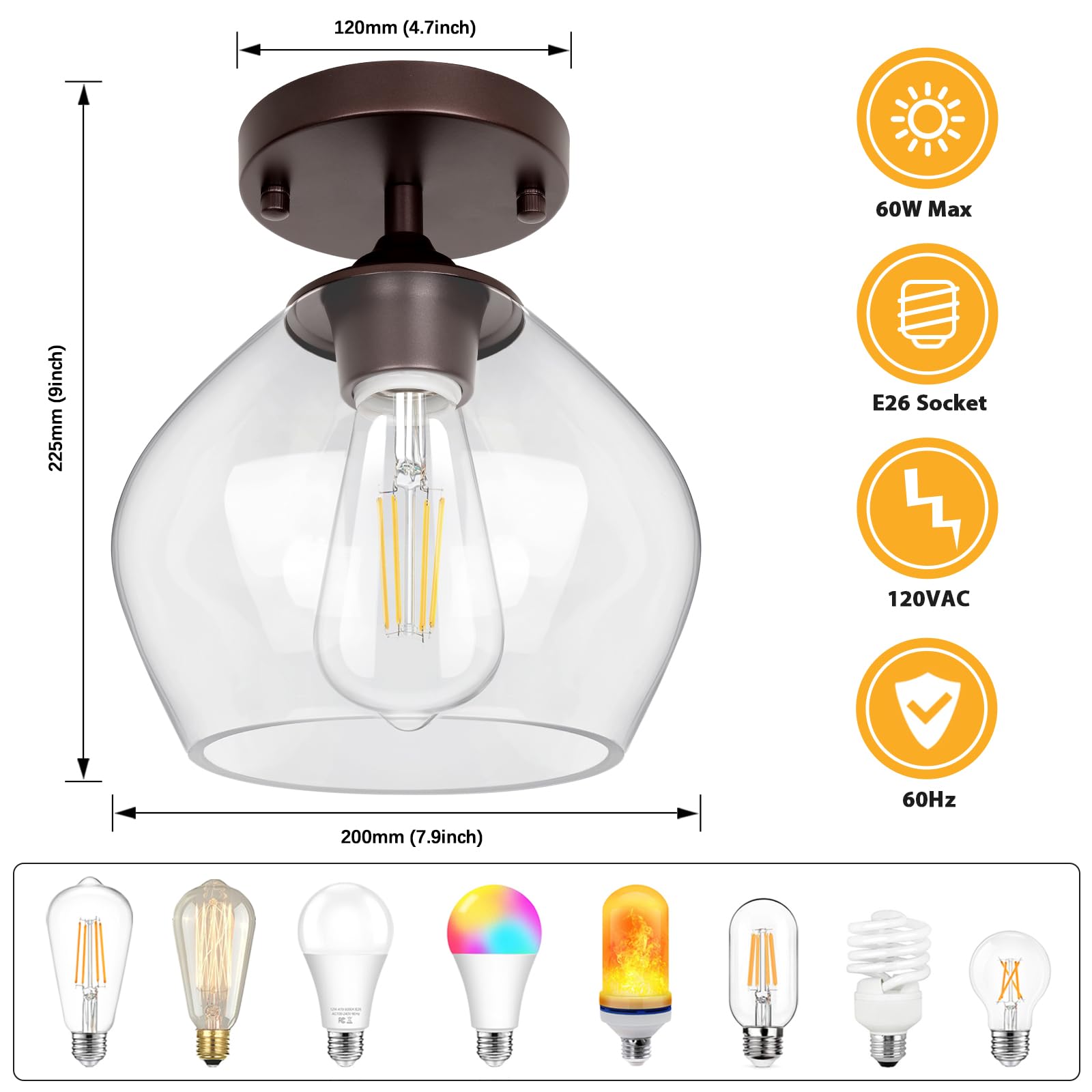 BesLowe Modern Semi Flush Mount Ceiling Light, Brown, Glass Shade, Model C2508-01-ORB, Ideal for Hallway, Bedroom, Dining Room