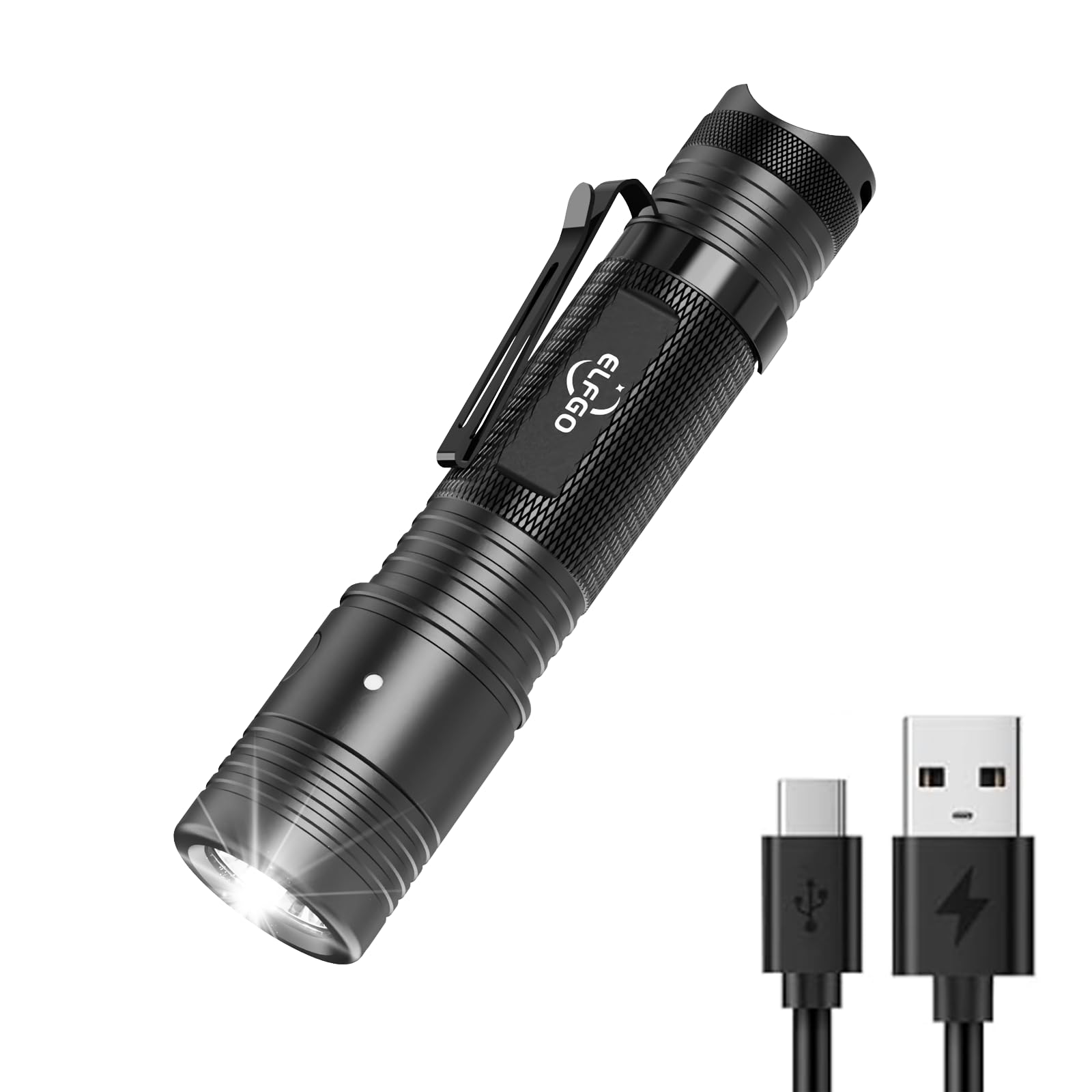 ELFGO Tactical Flashlight 2000 Lumens Rechargeable LED, IP67 Waterproof, Black, Model L4050L for Outdoor Camping and Emergency Use