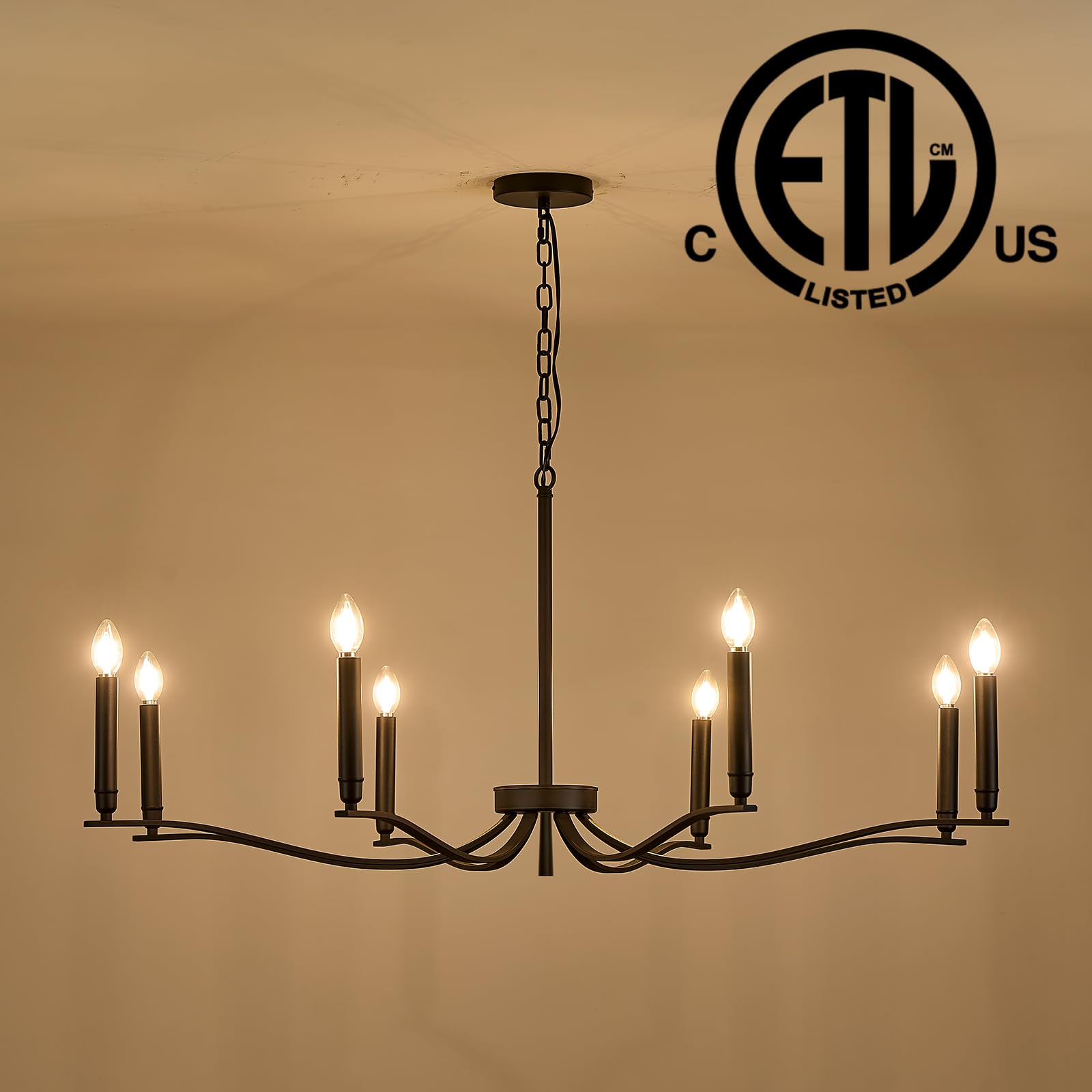 FookChak 8-Light Black Metal Chandelier, Modern Dining Room Fixture, 44in for Living Room, Entry, and Kitchen