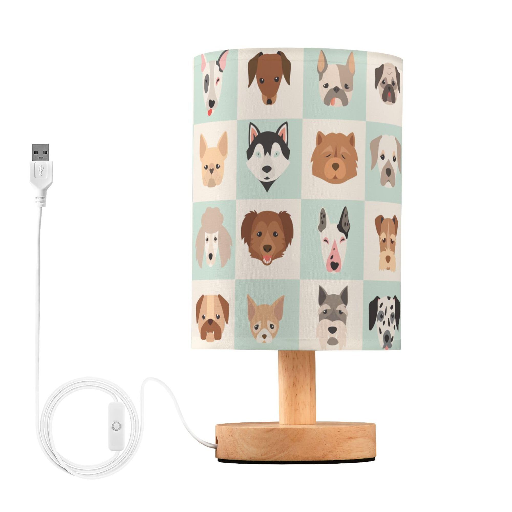YYZZH Table Lamp Cartoon Dog Head in Grid Nightstand Lamp with Wood Base Fabric Lamp Shade Bedside Desk Lamp for Living Room Bed