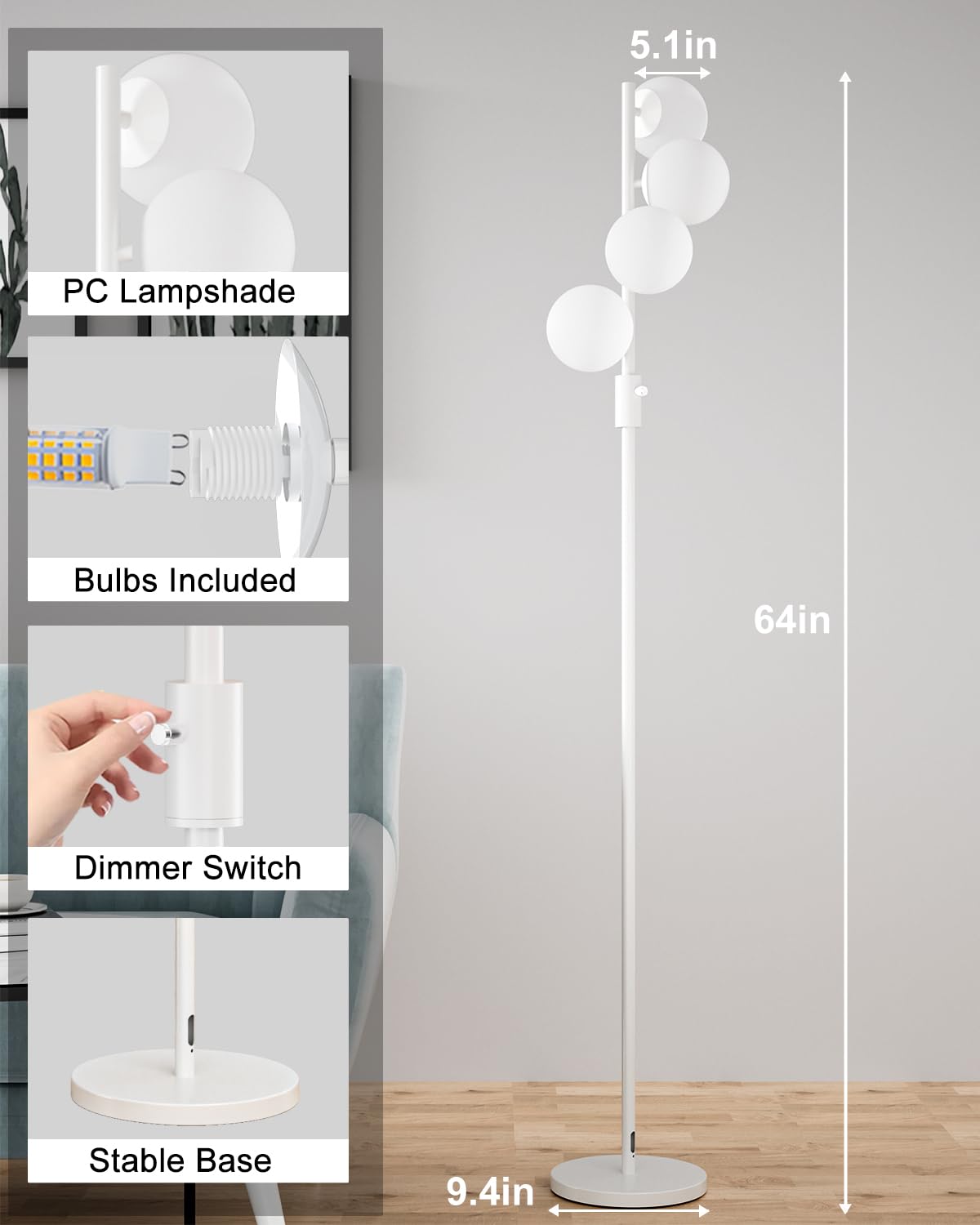 Lightdot 64In Dimmable Globe Floor Lamp With 4 G9 Bulbs, Mid Century Modern, White