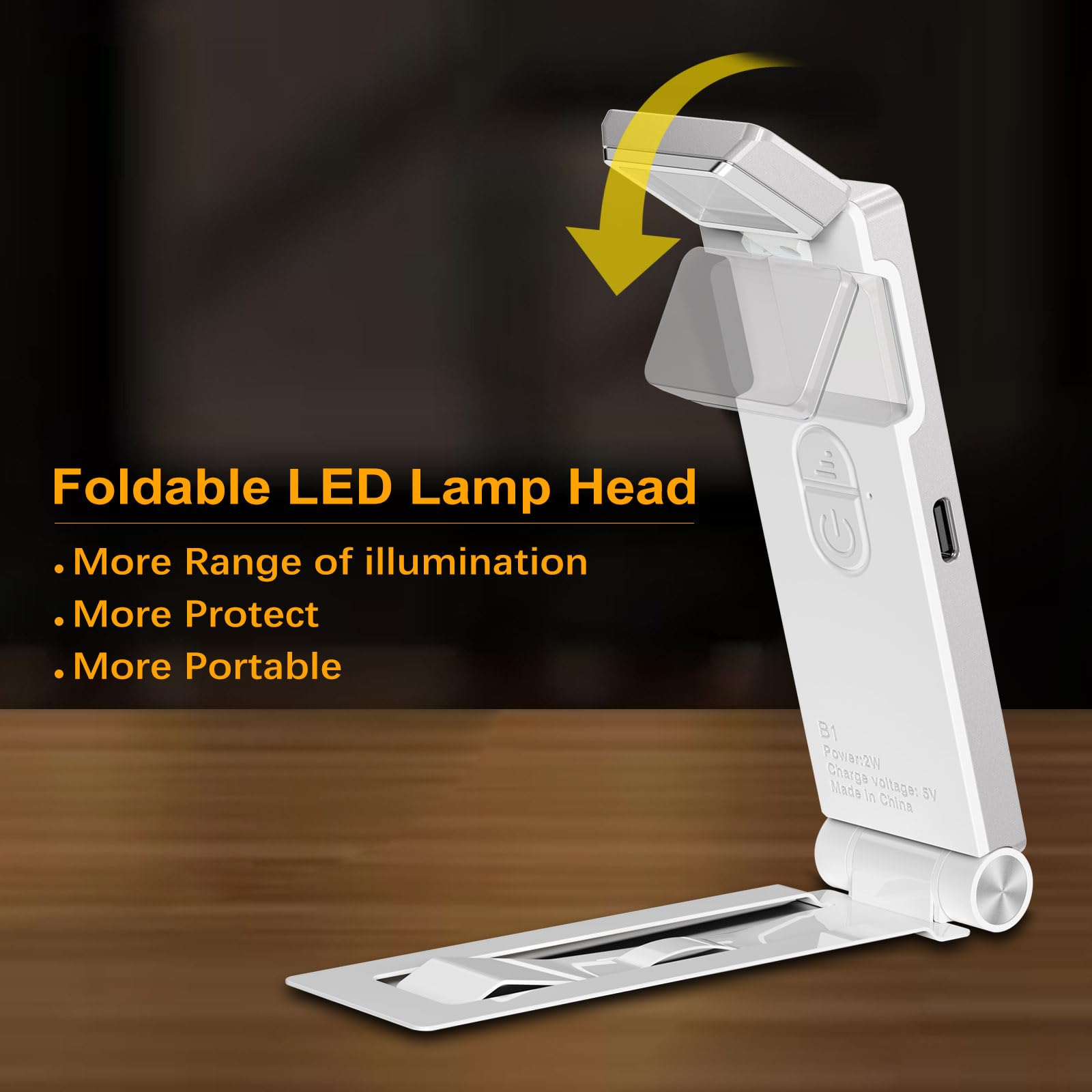 VTIGER USB Rechargeable Book Light, Foldable Clip-on LED, 3 Amber Colors, 4 Brightness Levels, Silver, Model B1