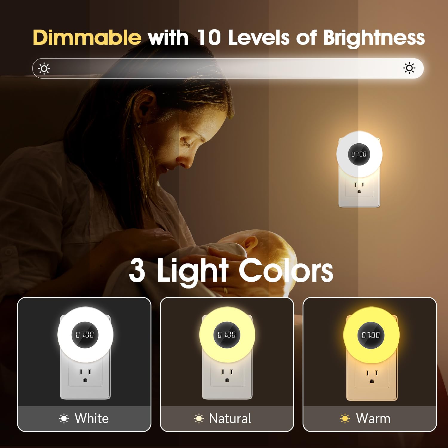 One Fire Night Light, 2PCS LED Plug-in Night Lights with Timer & Remote, Dimmable Bathroom Clock, 3 Light Colors, Acrylonitrile Butadiene Styrene