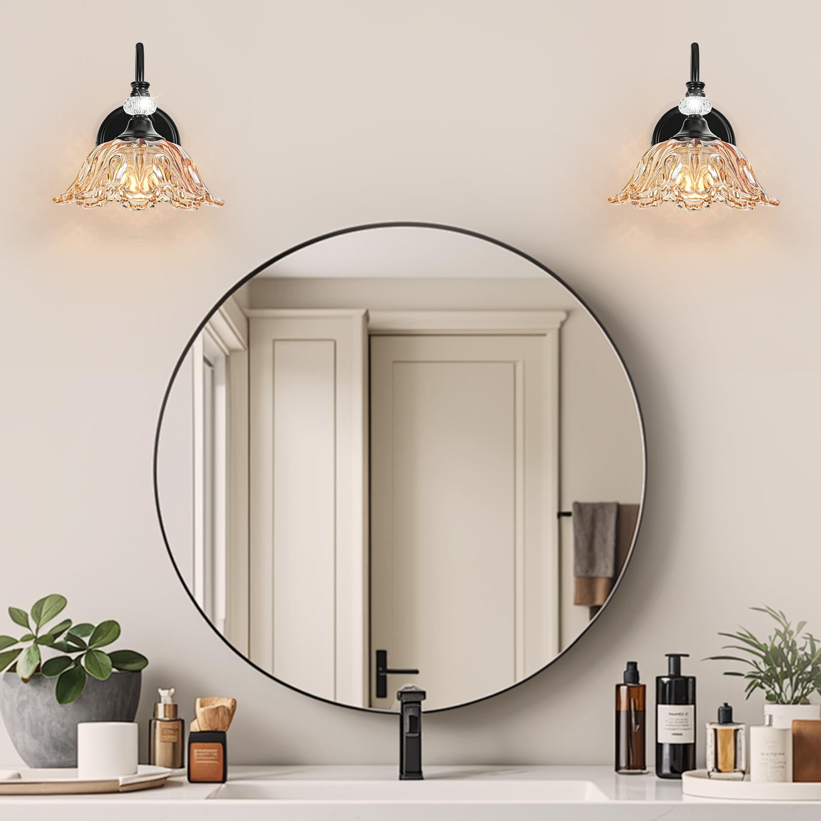 sunkryster Black Wall Sconce - Vintage Bathroom Lighting, 1-Light, Floral Amber Glass Shade, Metal, Model Sun-104AB-1-Black-Amber