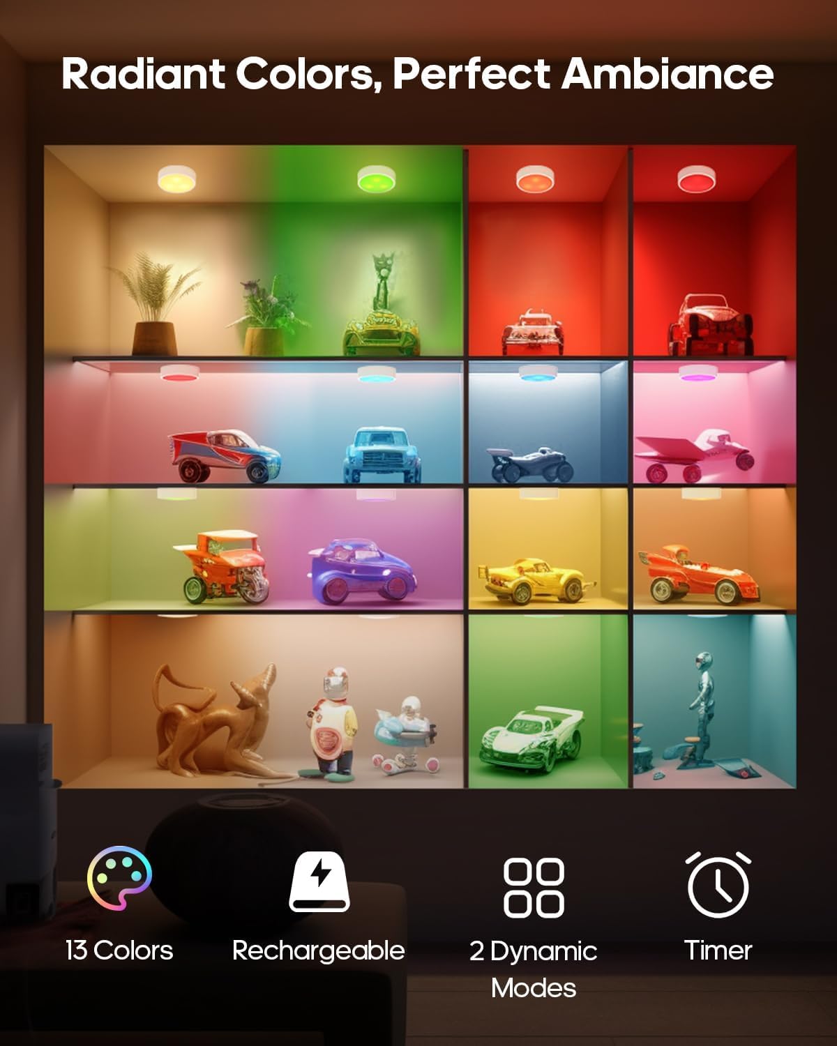 GOODEA.fun Puck Lights with Remote, 13 RGB Colors, Rechargeable, 3 Pack, White & RGB, Model GDCL006, Under Cabinet Lighting