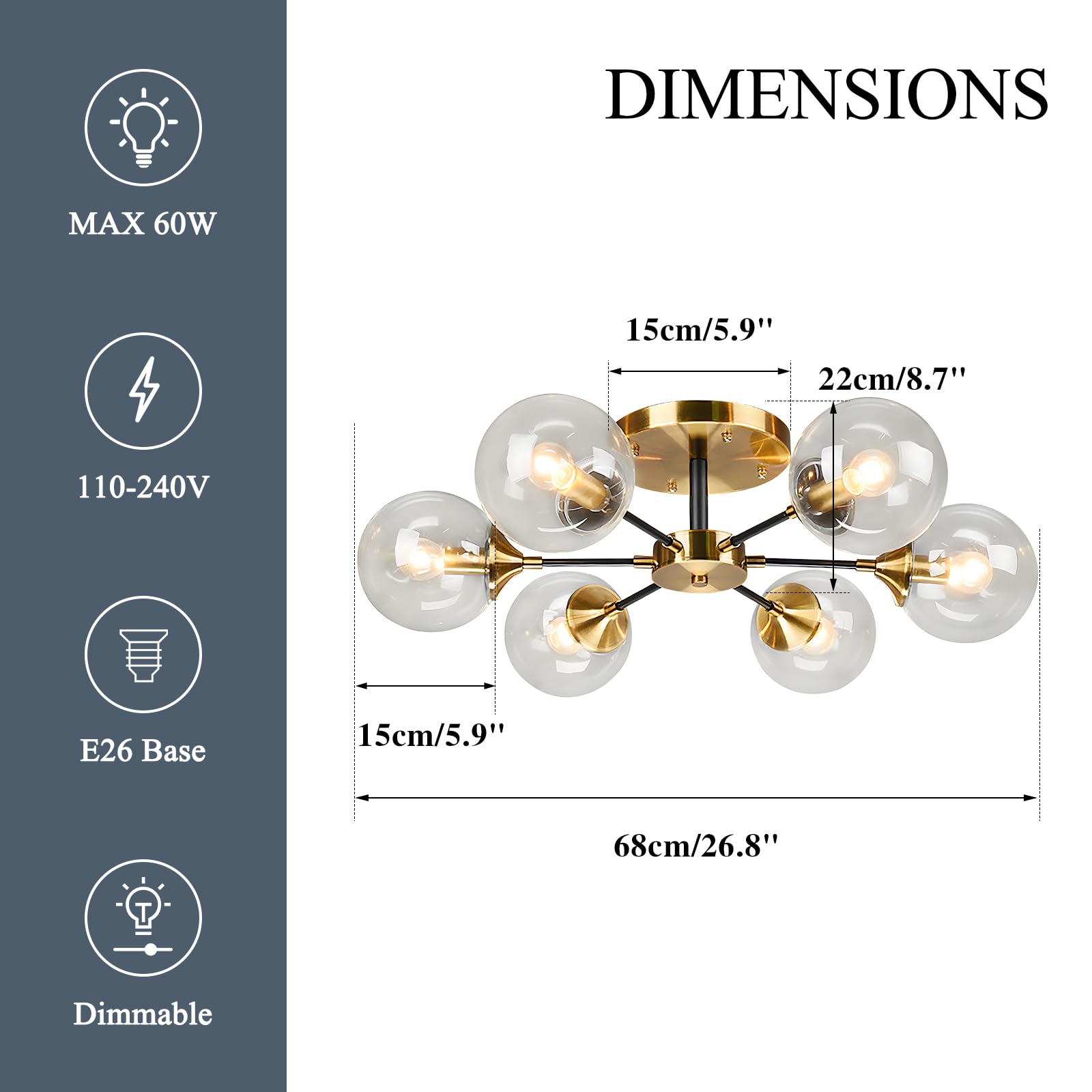 Kco Lighting Mid Century Modern Gold Ceiling Lighting Fixture 6-Light Black Metal Flush Mount Ceiling Lights Brushed Brass Clear