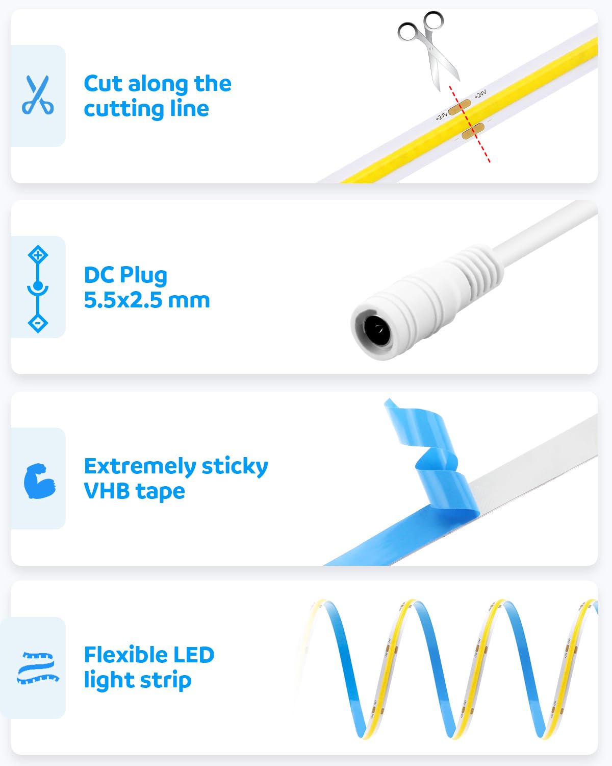 Aclorol 50Ft Cob Led Rope Light 6000K 24V Flexible Cob Led Strip Light Cool White Super Bright For Bedroom Tv Party Home Indoor