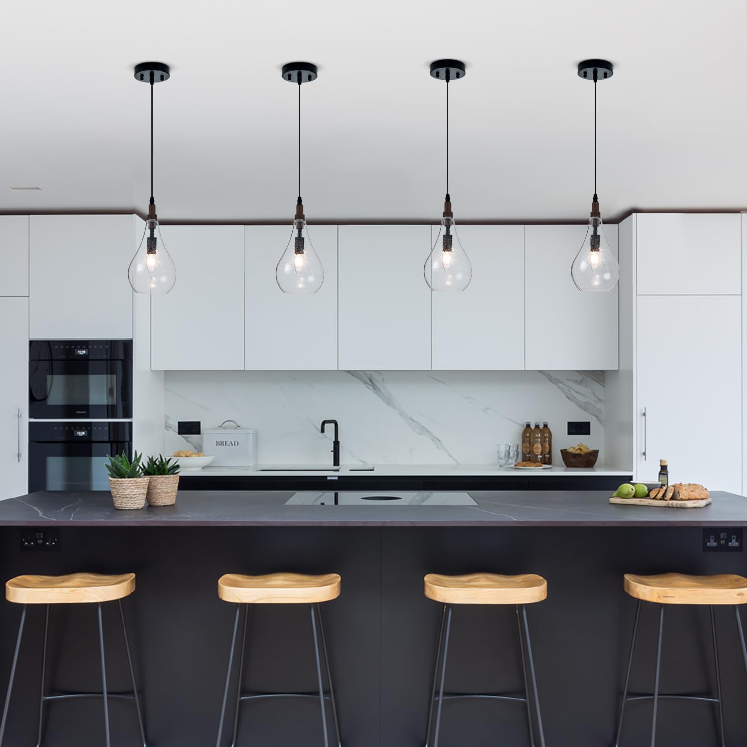 Elyccupa Farmhouse Wood Bubble Seeded Glass Pendant Light Adjustable Industrial Pendant Lighting Fixtures For Kitchen Island Din