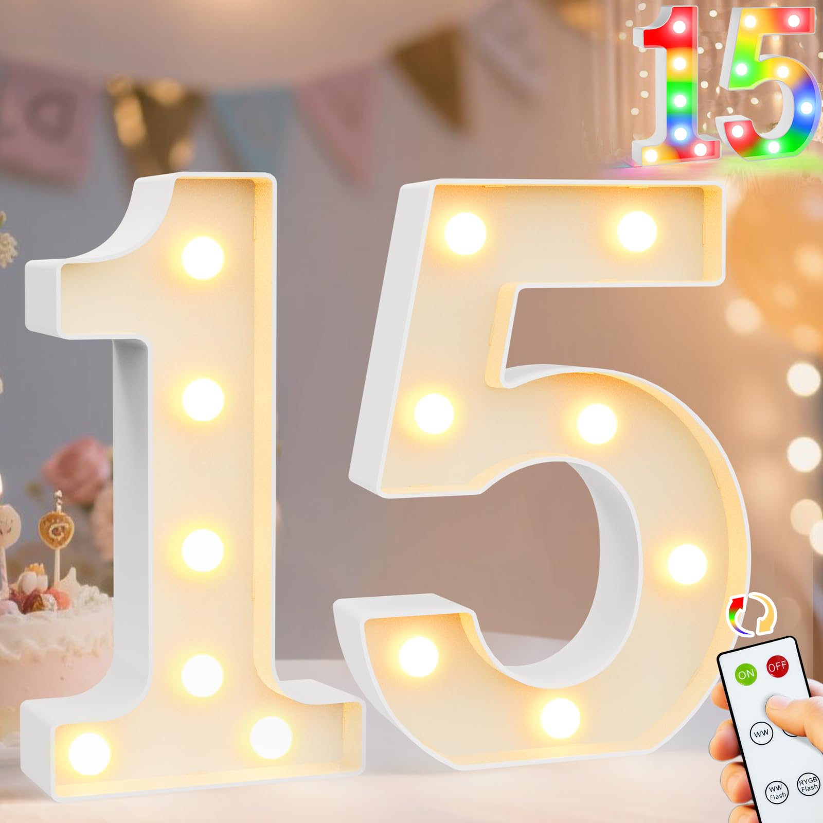 Pooqla 15Th Birthday Decoration For Girls Boys  Decorative Led Light Up Numbers  Marquee Numbers 15 Sign For Party Backdrop 15Th Wedding Anniversary Decor Gift  Warm White And Colorful Number 15