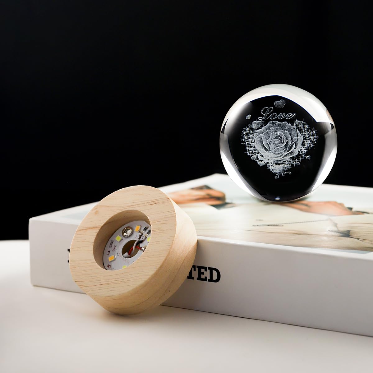 Hochance 3D Love Crystal Ball Lamp With Adjustable Brightness Led Wooden Base Night Light For Kids Teens mature-themeds Birthday Gift Home Desk Office Bedroom Decor (6Cm / 2.4 )