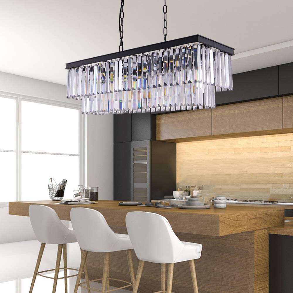 Wellmet Black Crystal Chandelier, 9-Light Farmhouse Fixture, 34.5" Adjustable Metal Ceiling Light for Dining Room, Transparent