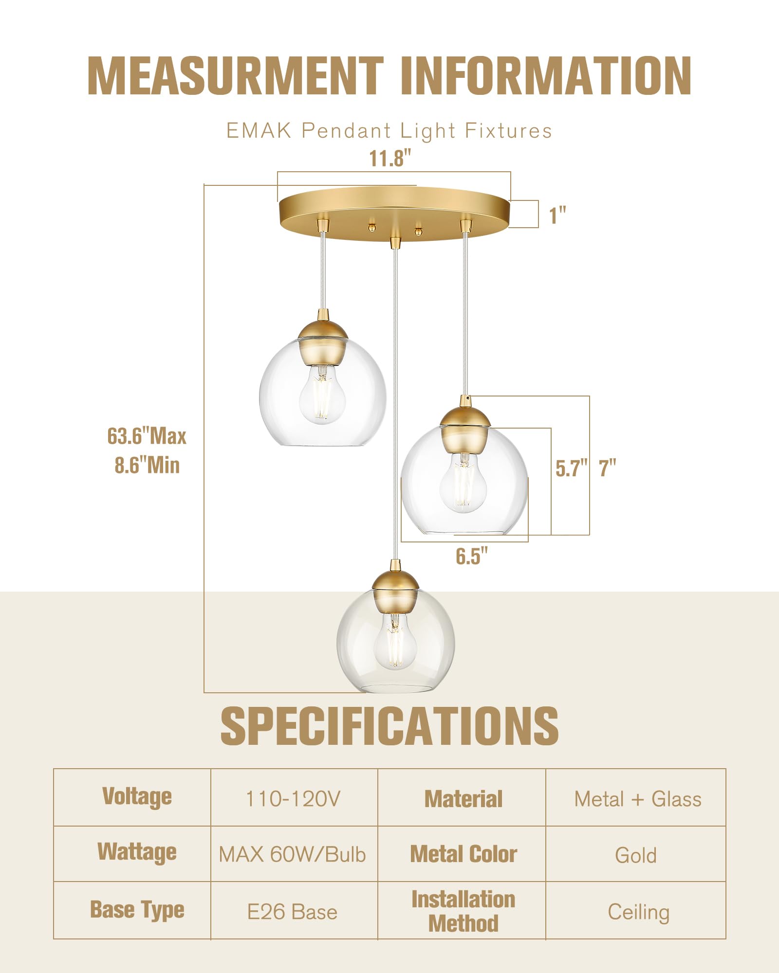Emak 3-Light Cluster Pendant Lights Kitchen Island, Modern Gold Pendant Light Fixtures With Clear Glass Shade, 7 Inch Globe Hang
