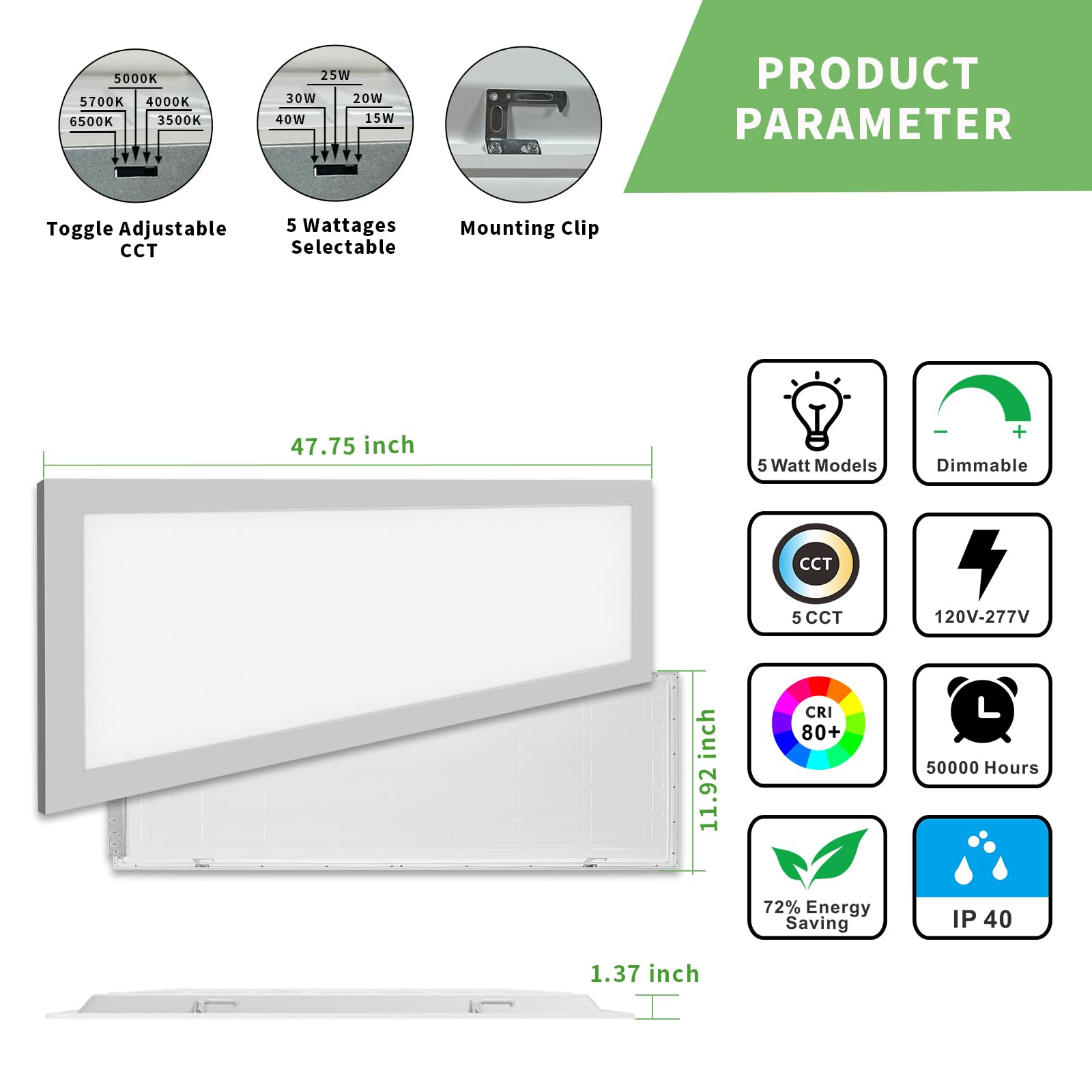 2 Pack 1X4 Led Flat Panel Lights, 5 Cct 5 Power Modes Adjustable Led Ceiling Light, 40W/5000Lm Recessed Drop Ceiling Lights Fixt