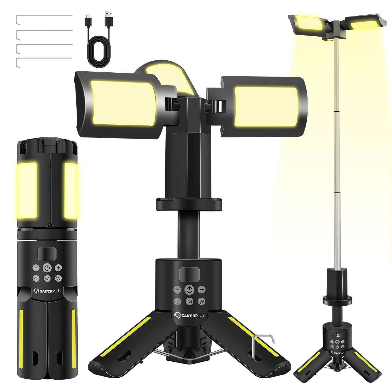 SakerPlus Portable Camping Light, 5000LM LED Flashlight, 9 Color Modes, Magnetic Base, Black, Model EC67392